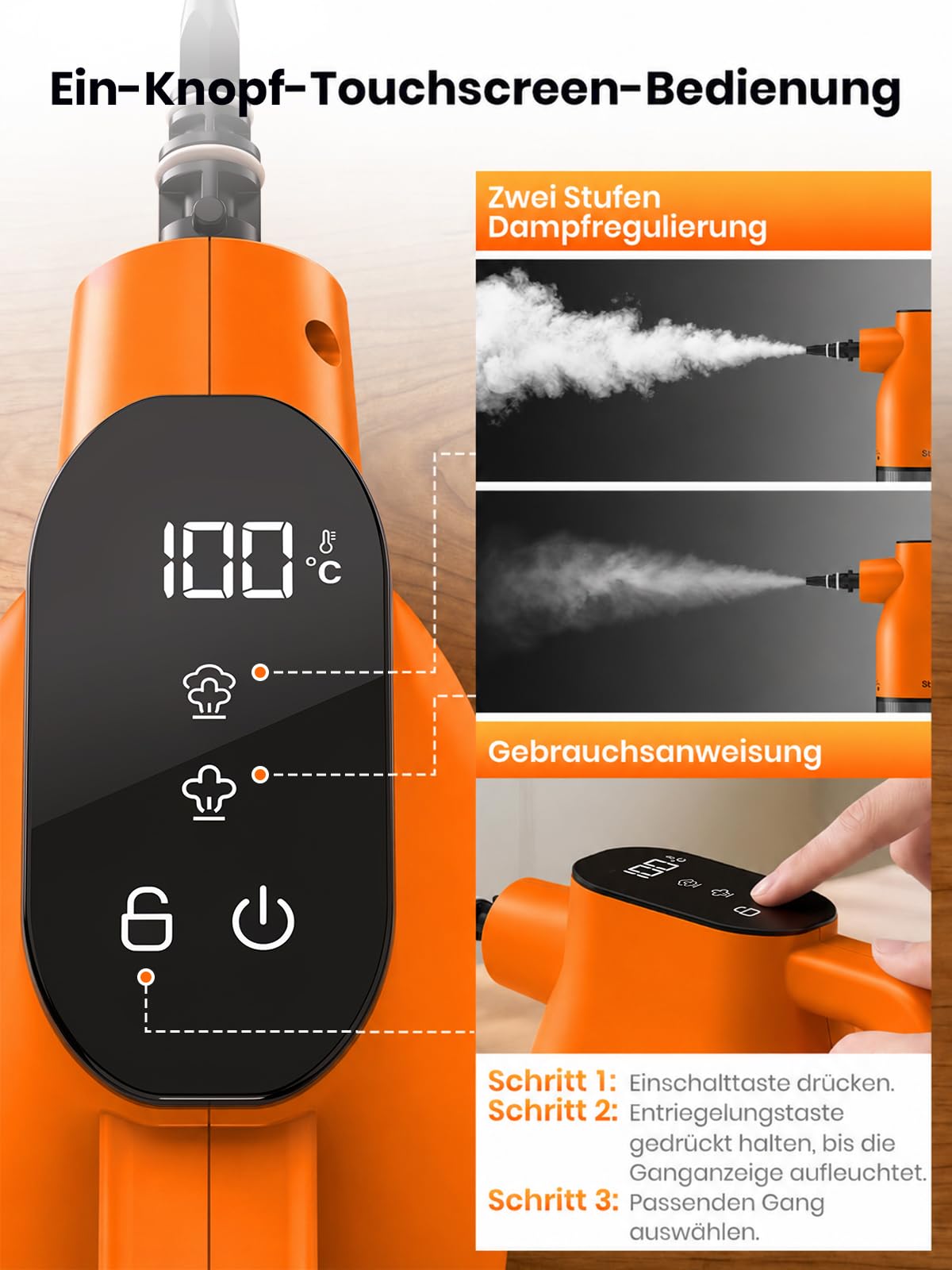 Dampfreiniger mit Smart-Touchscreen, 10 Sekunden Aufheizzeit, Orange | 400-ml-Wassertank, 4-m-Netzkabel, 2 Dampfstufen und 9-teiliges Zubehör – Dampfreiniger für Küche, Bad, Fliesen und Fugen