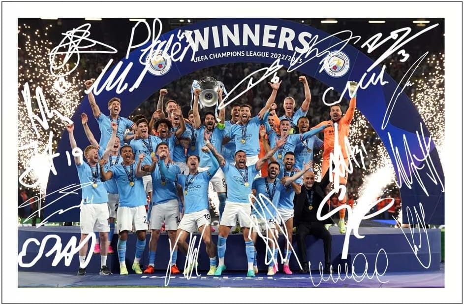 RJR PRINTS Manchester City 2022/23 League Champions League Final Treble Winners Squad Signed 12x8 Inch Photo With Print Pre Printed Signatures Football Autograph Gift