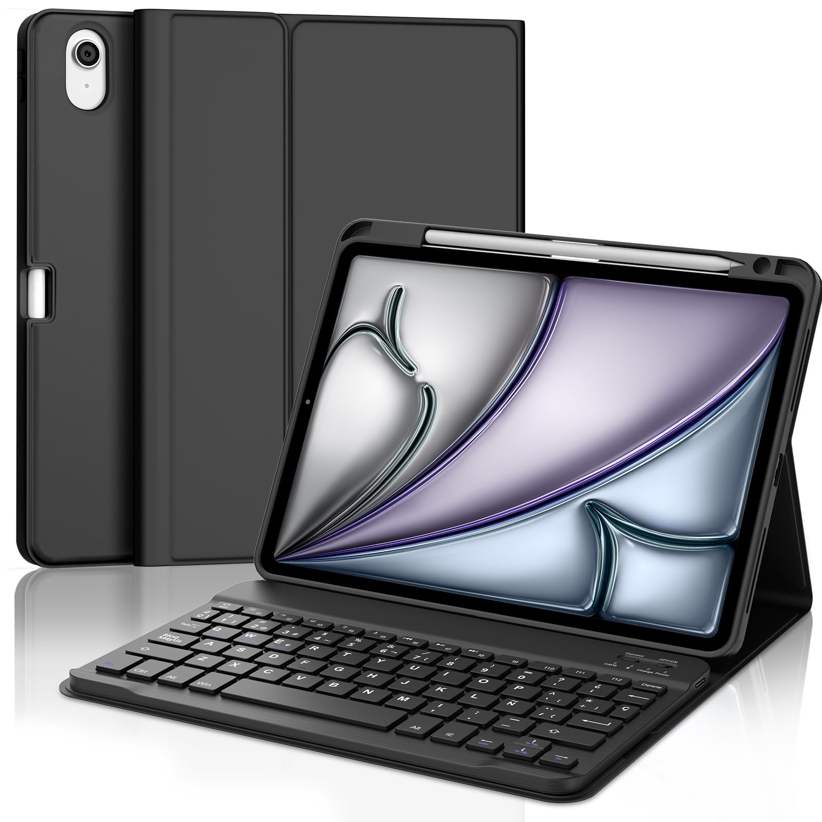 Funda Teclado para iPad Air 11'' M3 2025/M2 2024 y iPad Air 5 2022 - Español Ñ Tecla para iPad Air 4 10.9'' 2020, Teclado Bluetooth Desmontable para Air 5 2022, Negro