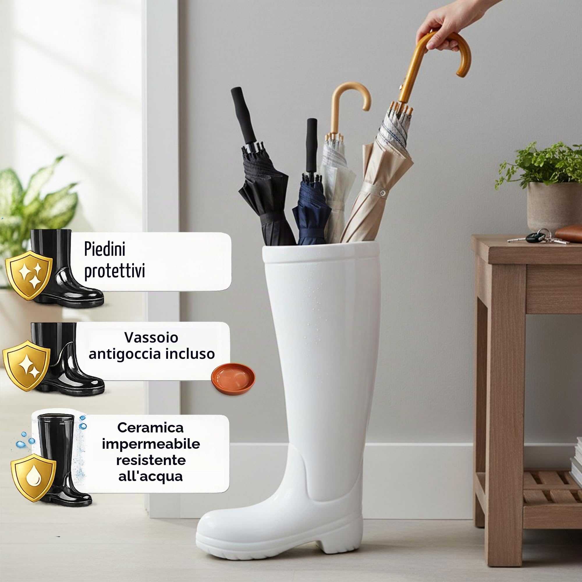 Casablanca - Portaombrelli in ceramica con vaschetta raccogli-acqua, colore: bianco, altezza 45 cm