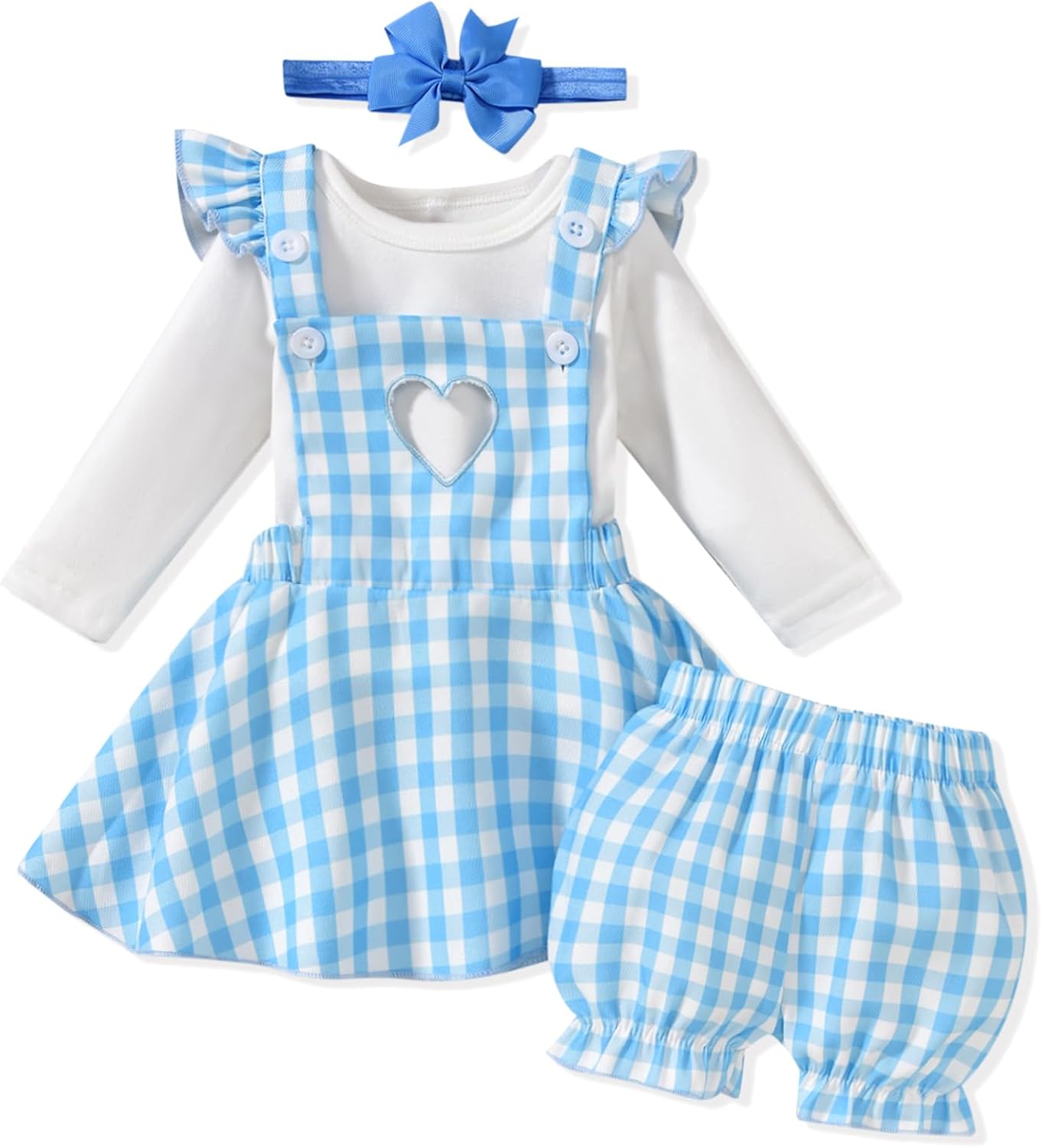 Unutiylo Baby Girl Skirt Sets 4Pcs Infant Long Sleeve Knit Shirt Ruffle Plaid Suspender Dress Shorts with Headband 0-24M