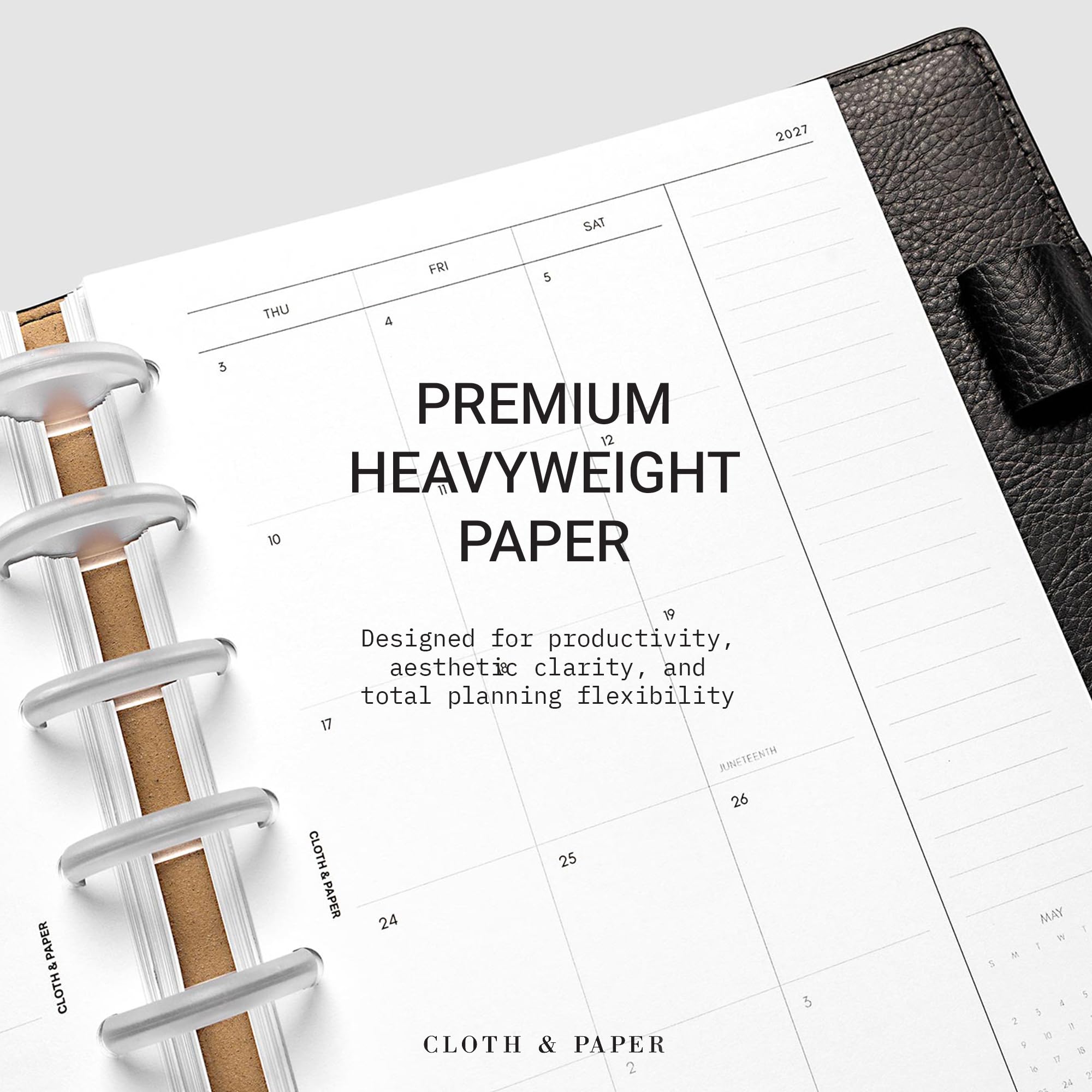 Cloth & Paper Planificateur mensuel daté 2027 - Début du dimanche - Recharges de planificateur demi-lettre avec pages de calendrier mensuel, objectifs, priorités, dates importantes, notes, jours