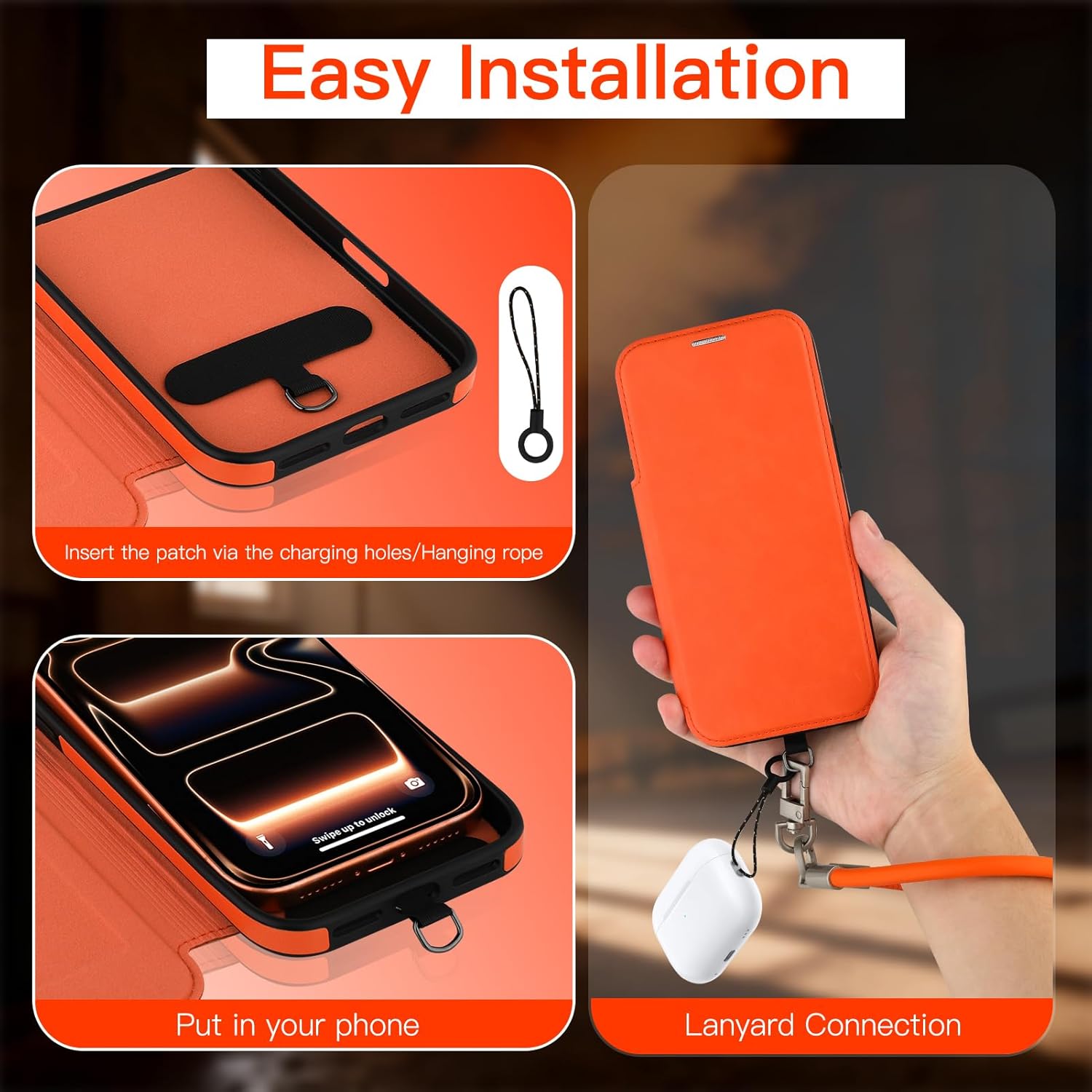 Wallet Phone Case Compatible with iPhone 17 Pro Max, PU Leather Phone Case Flip Cover Wrist Strap Card Holder Slots,Orange.