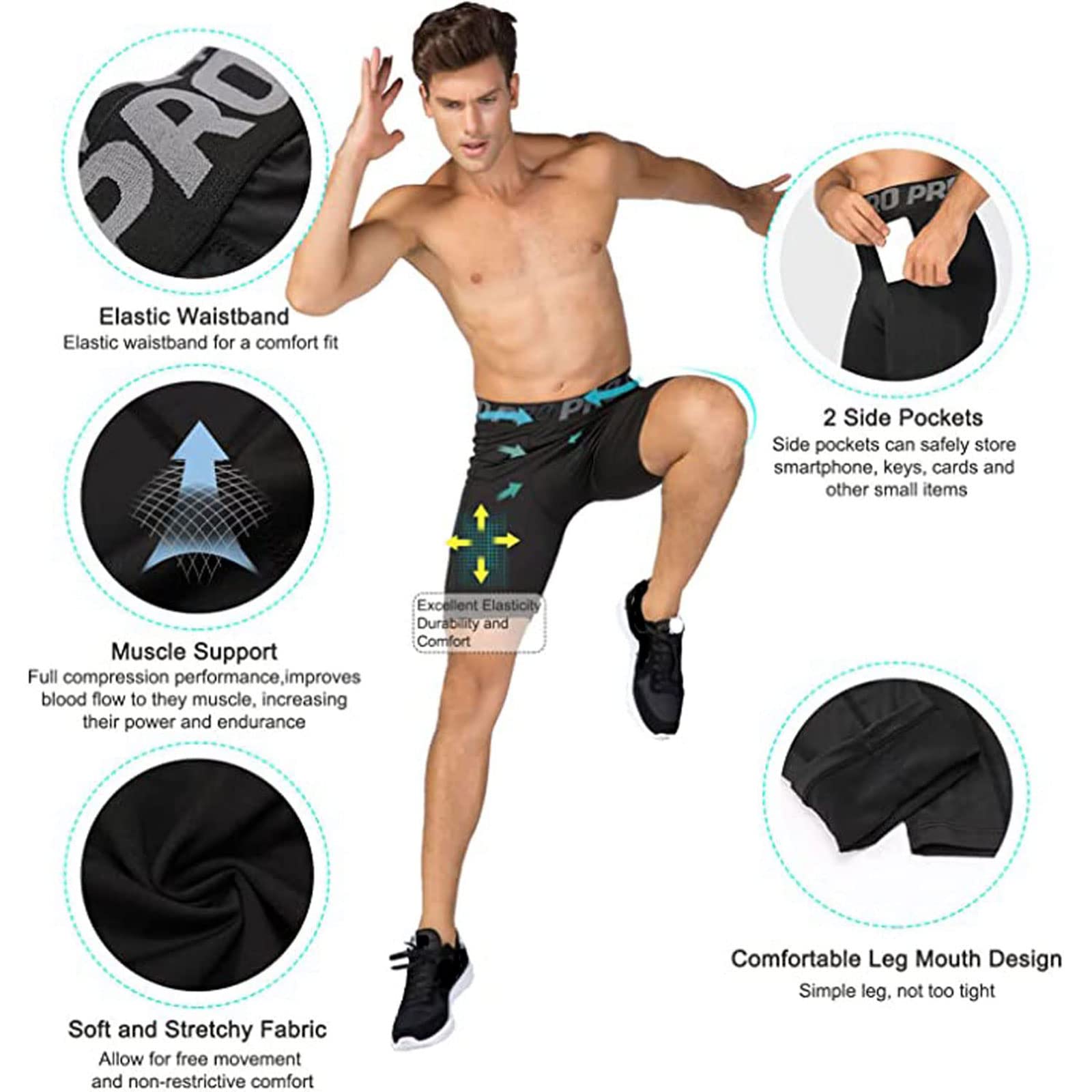 LANBAOSI Pantaloncini a Compressione da Uomo con Tasche Gym Yoga Athletic Quick Dry Underwear Collant Leggings Set di 2
