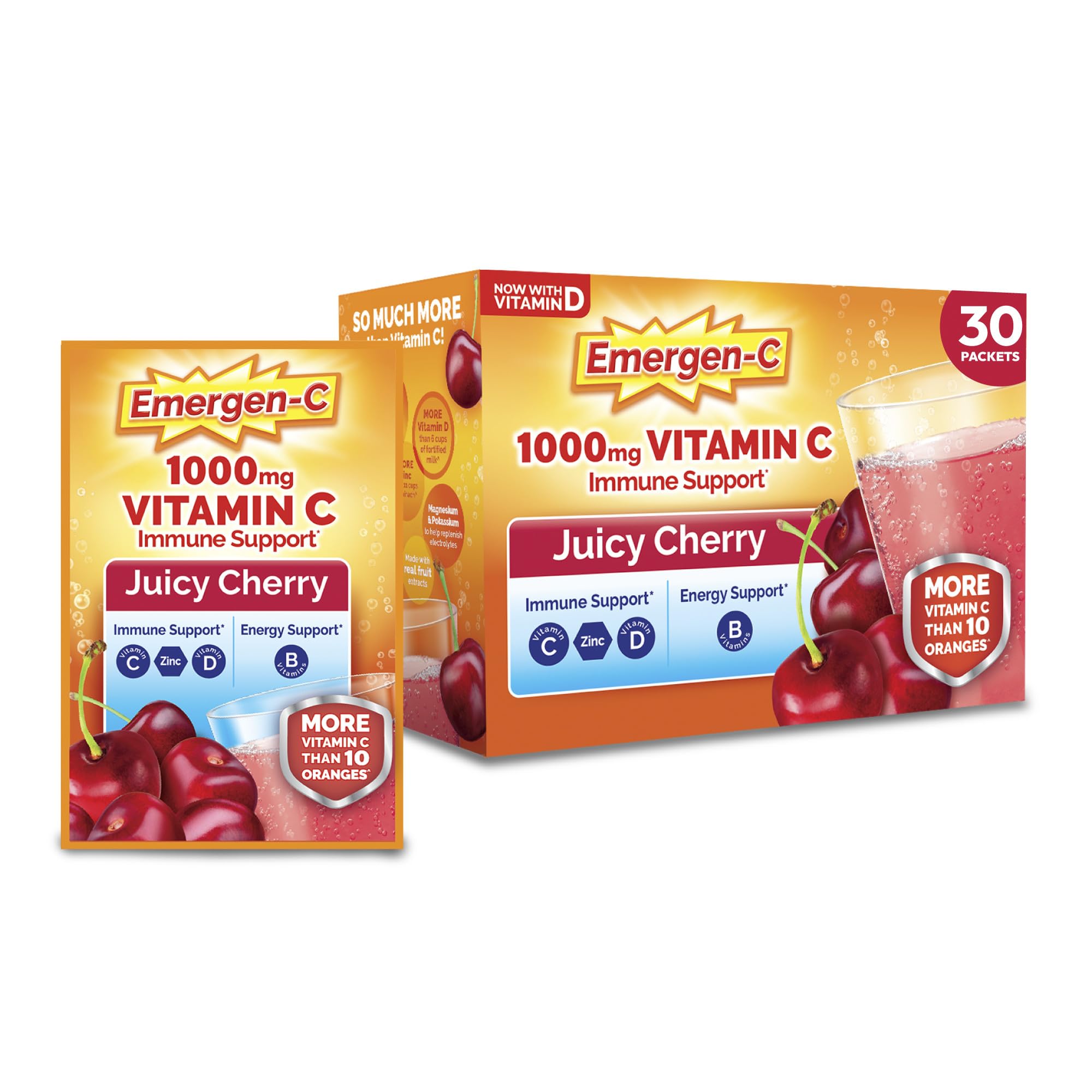 Emergen-C 1000 mg Vitamin C Powder for Daily Immune Support Caffeine Free Vitamin C Supplements with Zinc and Manganese, B Vitamins and Electrolytes, Juicy Cher