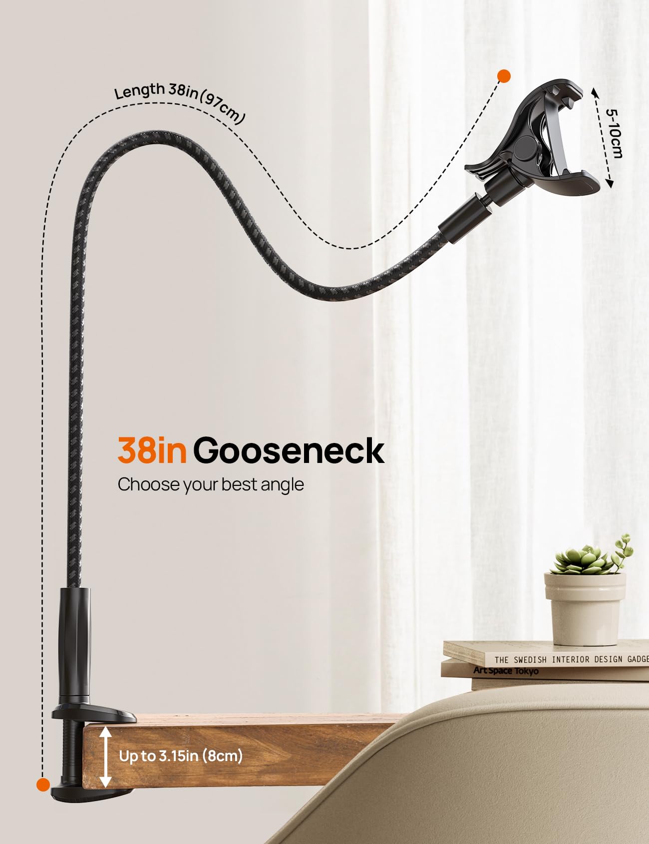 Aomiker Soporte de cuello de cisne para cama – [Trenza de nailon actualizada 2024] Clip flexible de brazo perezoso de 38 pulgadas de largo, soporte de teléfono ajustable de 360 grados para iPhone 15,