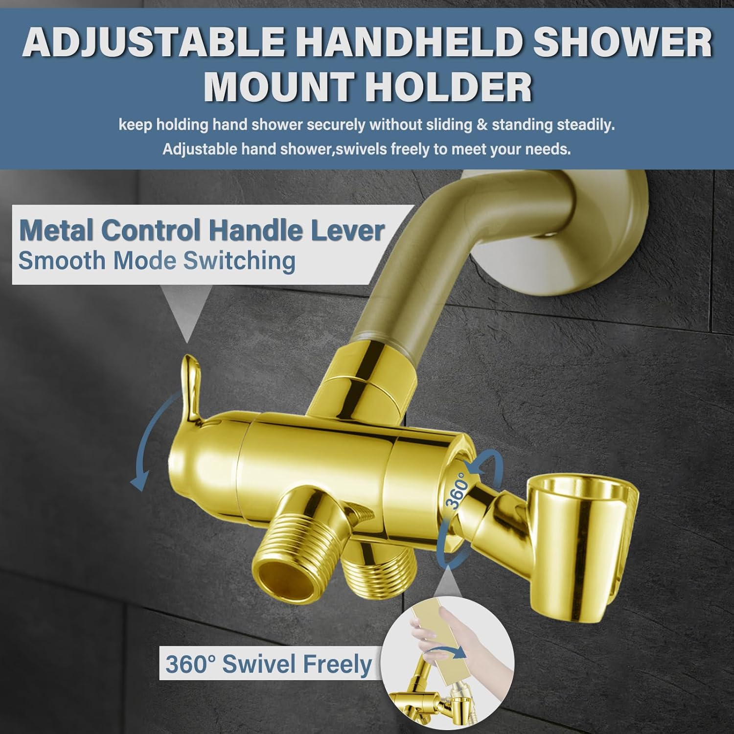 Shower Diverter Valve with Handshower Mount, G1/2 Brass Shower Arm Diverter 3 Way Bathroom Universal Shower System Replacement for Handheld Shower and Fixed Shower Head, Polisded Gold