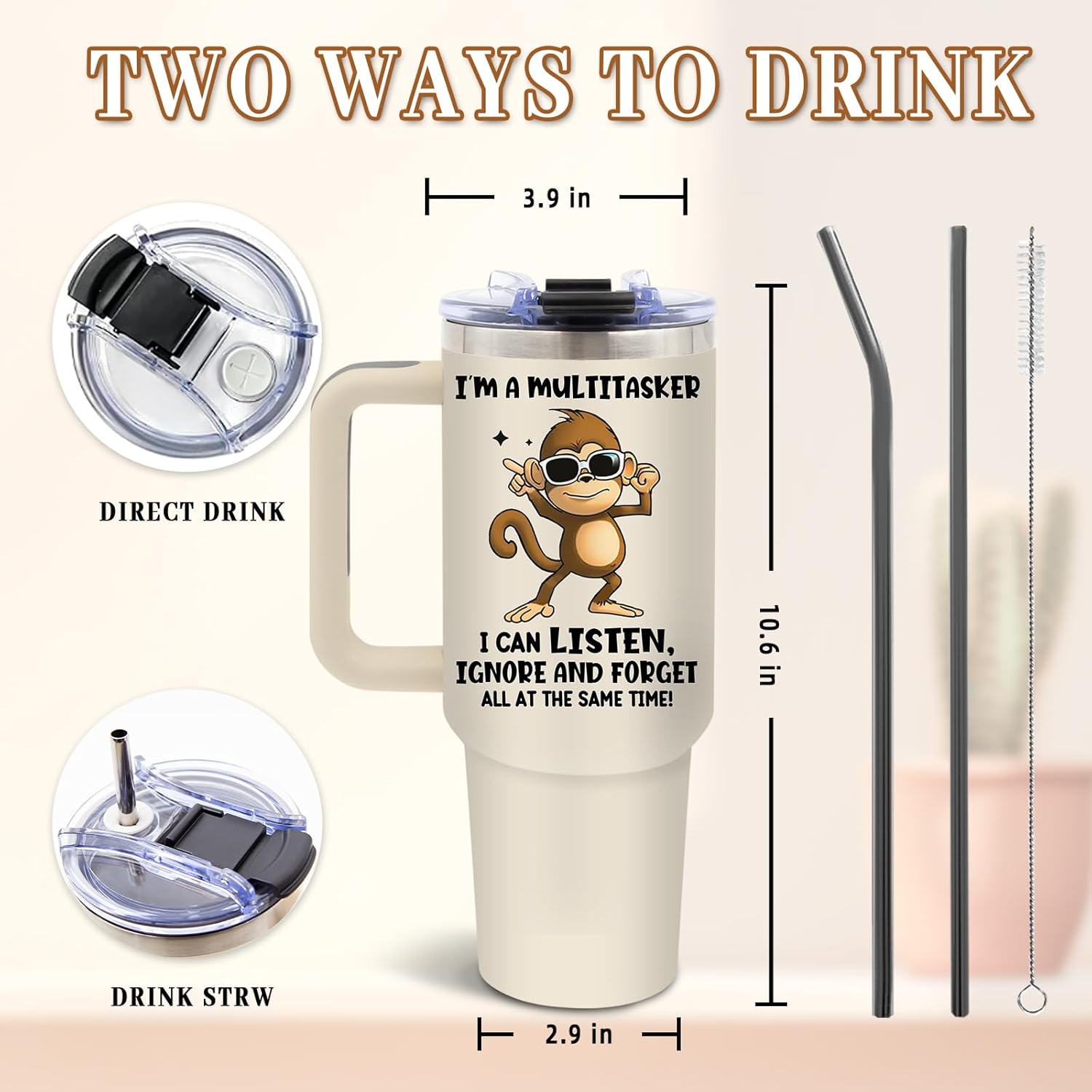 DUUV Multitasker Tumbler 40 Oz, Funny Monkey Design, Stainless Steel Insulated Mug with Humorous Multitasking Quote, Christmas Thanksgiving Gift for Busy Individuals, Co-Workers, and Friends, 1PCS - Image 3