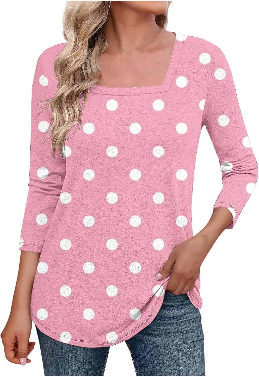 Womens 3/4 Length Sleeve Tops Cute Polka Dots Square Neck Shirts Casual Loose Fit Summer Tunics Blouse