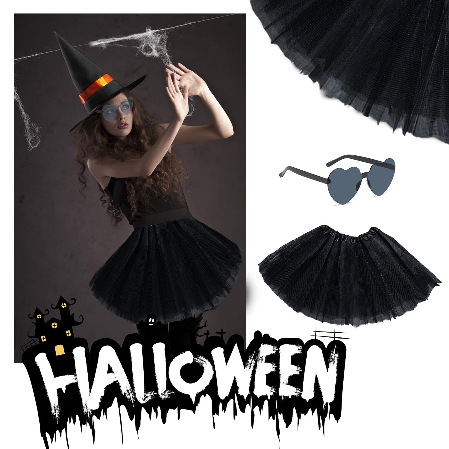 XNHIU 4pcs Halloween Kids Tutu Skirts and Glasses Black Orange Love Glasses Love Heart Shaped Party Sunglasses Halloween Party Favors for Kids - Image 2
