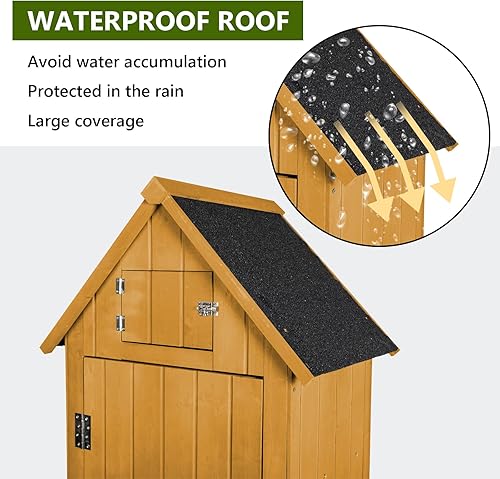 Miniatura 6 de Cobertizo de almacenamiento al aire libre con suelo, gabinete de almacenamiento de madera exterior con techo impermeable, estantes y ganchos,