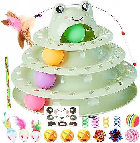 Miniatura 10 de Juguetes para gatos, pista de bola giratoria de 4 niveles, juguete interactivo para gatos de interior, rodillo divertido con bola giratoria