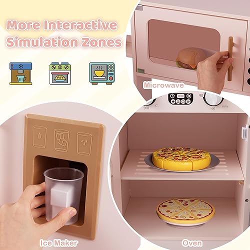 Miniatura 5 de Costzon Cocina de juego de esquina con luz y sonido reales, carrito extraíble, cubos de tela, estufas, máquina de hielo, microondas, horno, juego de
