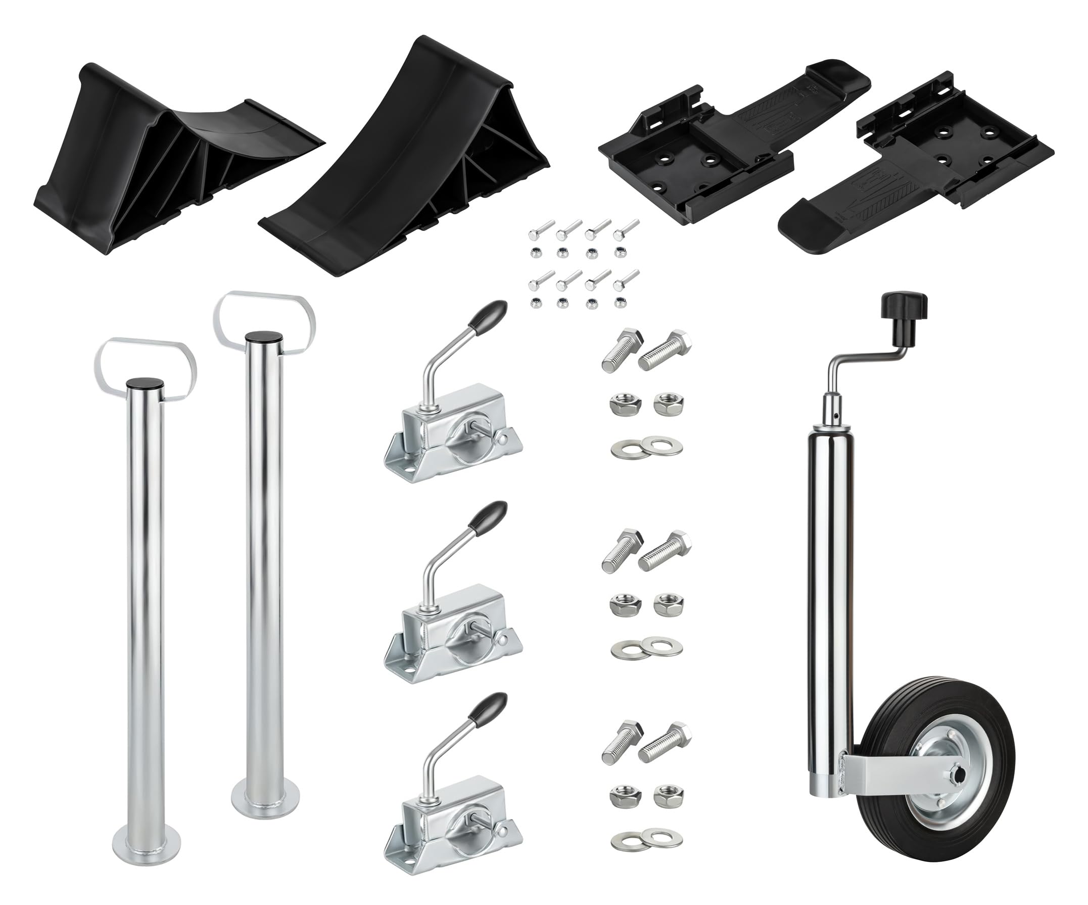 AUTOLIGHT 24 2X Anhängerstützen, 2X Unterlegkeile mit Halterung & höhenverstellbares Stützrad – Verzinkter Stahl, bis 750 kg, inkl. Zubehör Komplettset für Anhänger