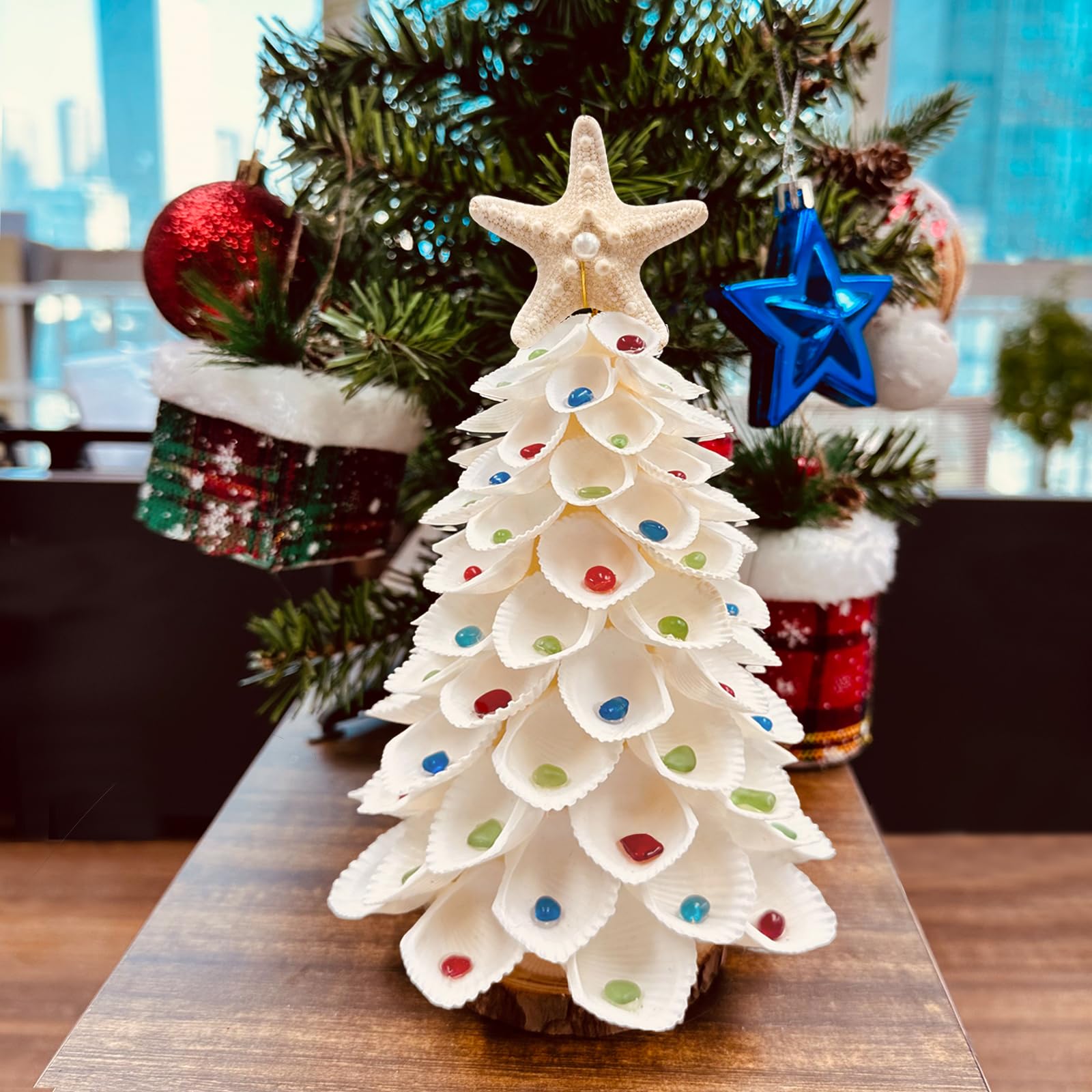 Sea Shells Christmas Tree Handmade Crafts Tabletop Shells Christmas Tree for Christmas & Beach Decoration, Party Birthday Gift, Home Decor, Collectible Figurines Christmas Tree