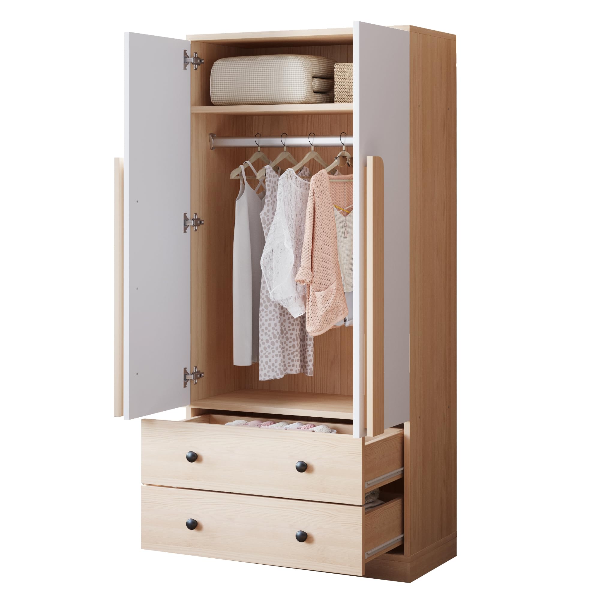 Armadio 70 x 40 x 170 cm, design a doppia ante, con cassetti e ripiani, colore legno + bianco