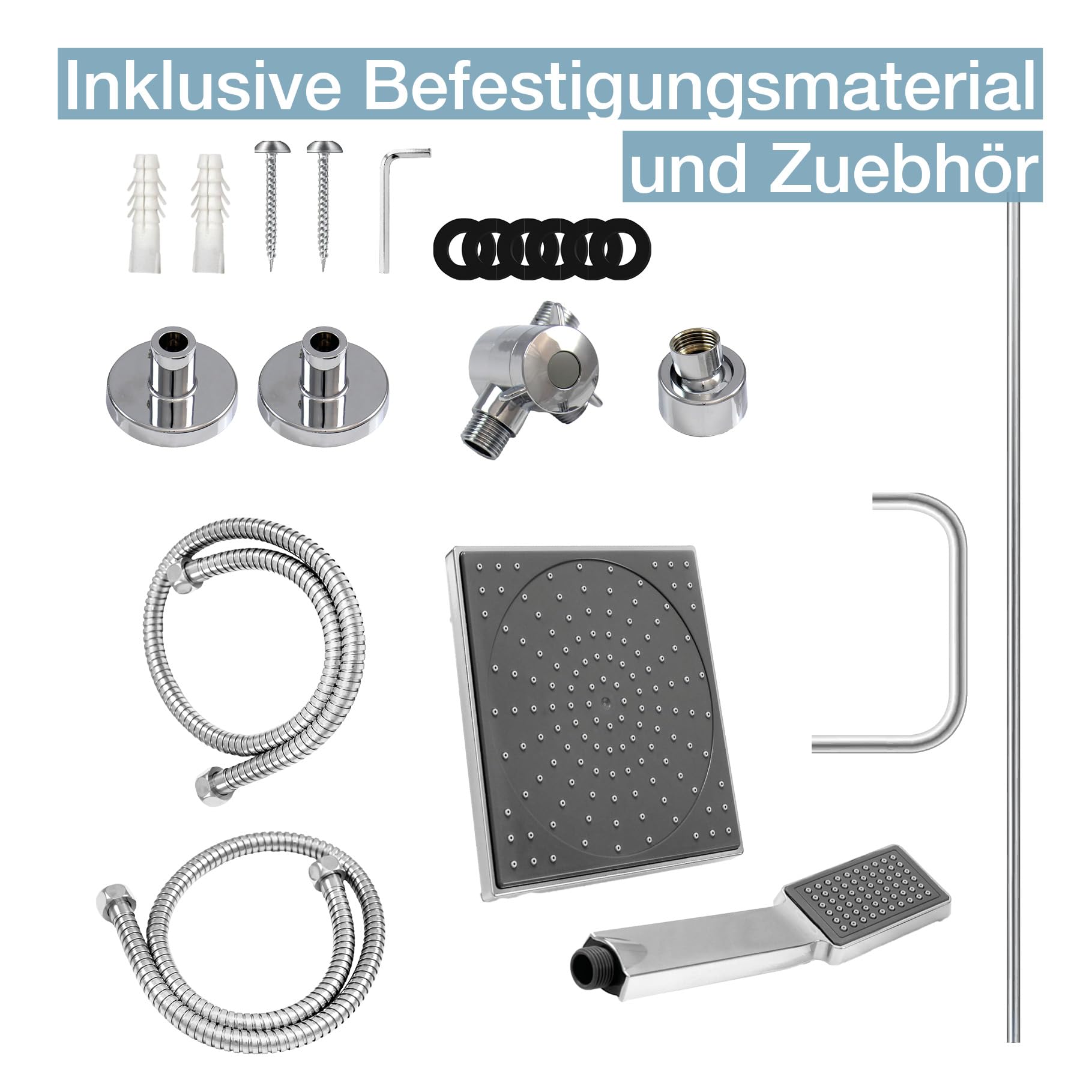 Duschset Edelstahl Duschsystem ohne Armatur, mit Regendusche (176,5 x 176,5 mm) und Handbrause, Regendusche ohne Armatur - Dusche komplett - Chrom Duschwand für Badewanne, Duscharmatur Komplettset