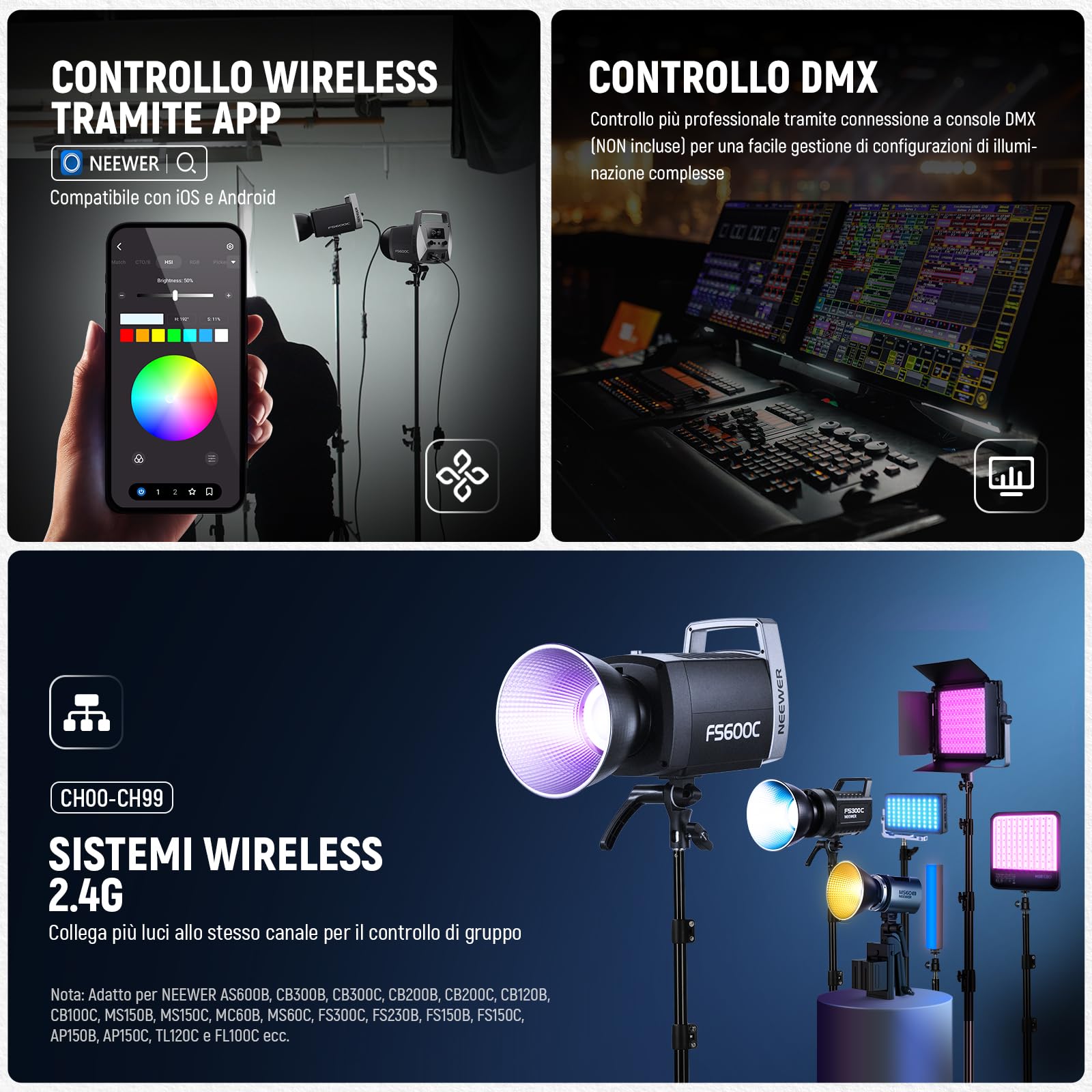 NEEWER FS600C 600W Luce Video LED RGB Pro con Controllo APP/2.4G/DMX, Illuminazione Continua COB 2500-7500K 52500lx/1m, Faretto CRI95+/TLCI97+ con Borsa per Fotografia Studio Registrazione Streaming