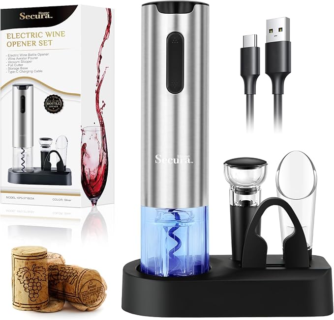 Secura Electric Wine Opener Set, Rechargeable Automatic