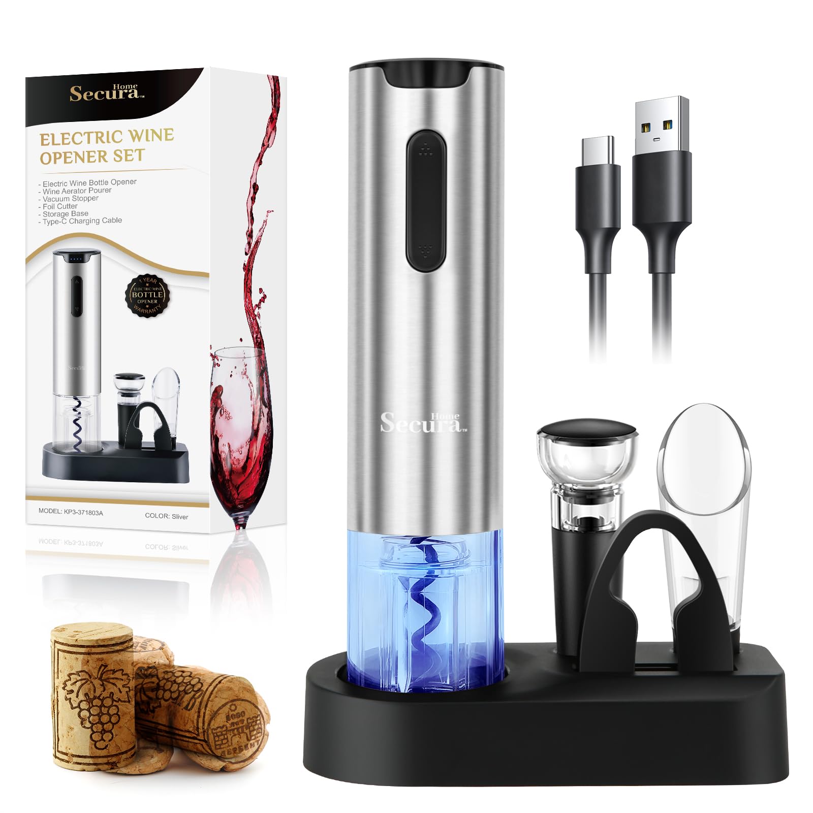 Secura Electric Wine Opener Set, Rechargeable Automatic Home Wine Bottle Opener Reusable Corkscrew with Foil Cutter, Vacuum Stoppers, Aerator Pourer Wine Set for Wine Lovers, Silver