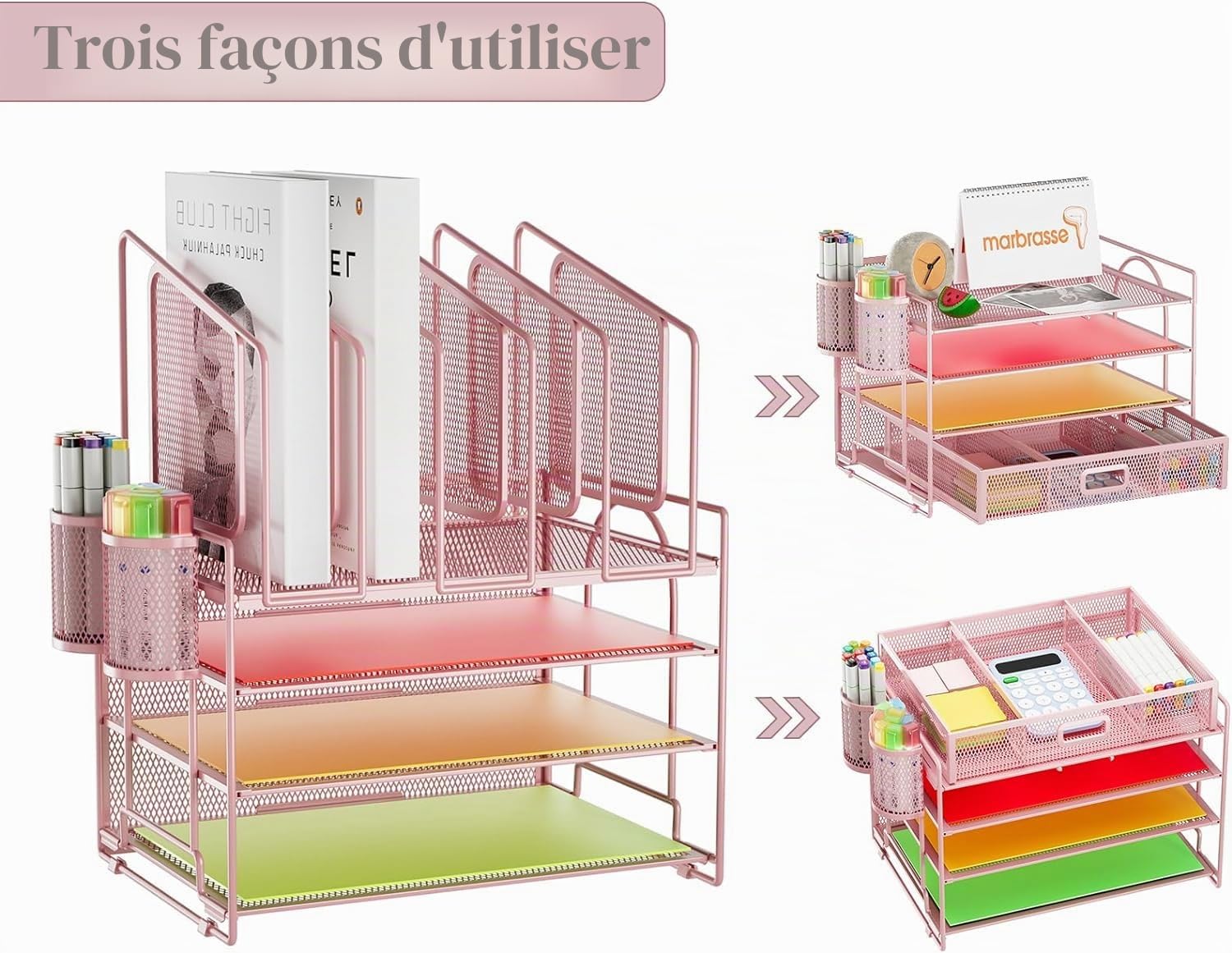 Marbrasse Organisateur de Bureau Tiroir,4 Niveaux,5 Porte Documents Verticaux,2 Porte Stylos,Organisateur Rangement Bureau Maille pour Fournitures à Dom (Rose Vertical)