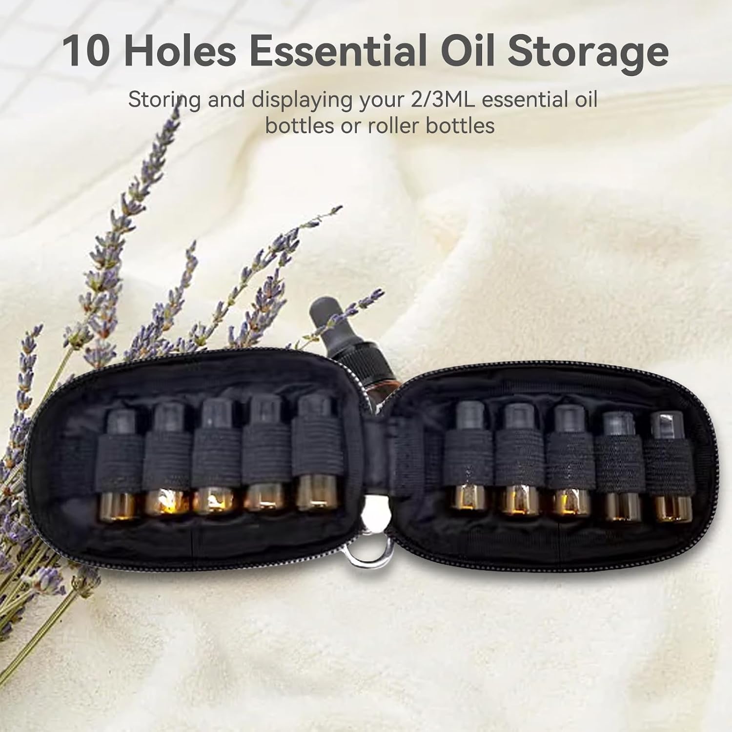 Agatige 10 Holes Essential Oils Carrying Case, Essential Oil Key Chain Carrying Case 2ml Roller Bottles Storage Organizer Essential Oil Containers Storage bag for Travel(1PCS, Black)