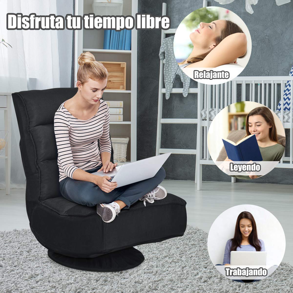 COSTWAY Silla de Suelo con Respaldo Ajustable en 5 Posiciones Silla de Relax Meditación con Base Giratorio 360 ° para Hogar TV (Negro)