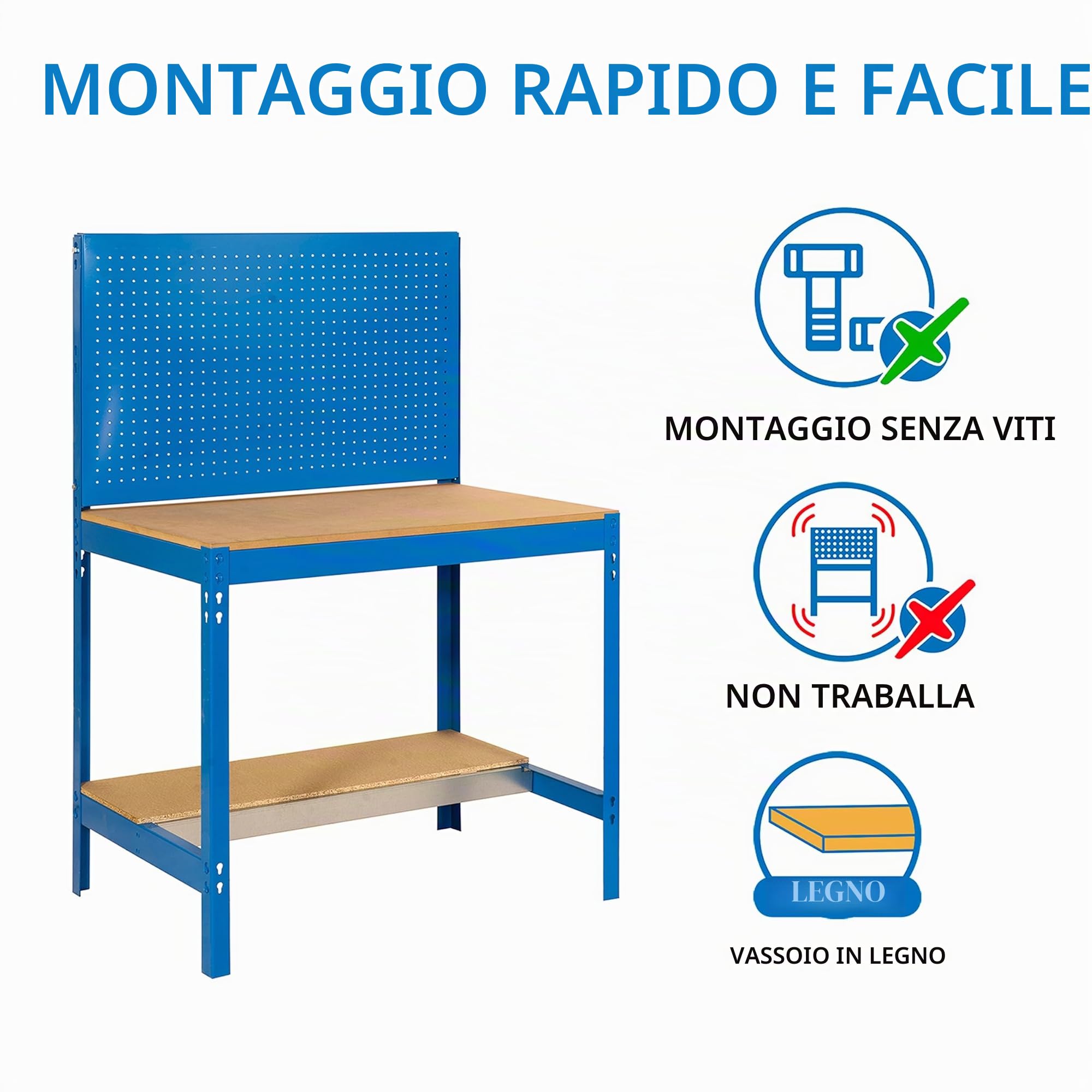 Simon Rack Banco da lavoro per officina, capacità di carico 600 kg, 1445x1210x610 mm, Pannello Forato, Tavolo da lavoro fai da te, Blu/Legno - BT2
