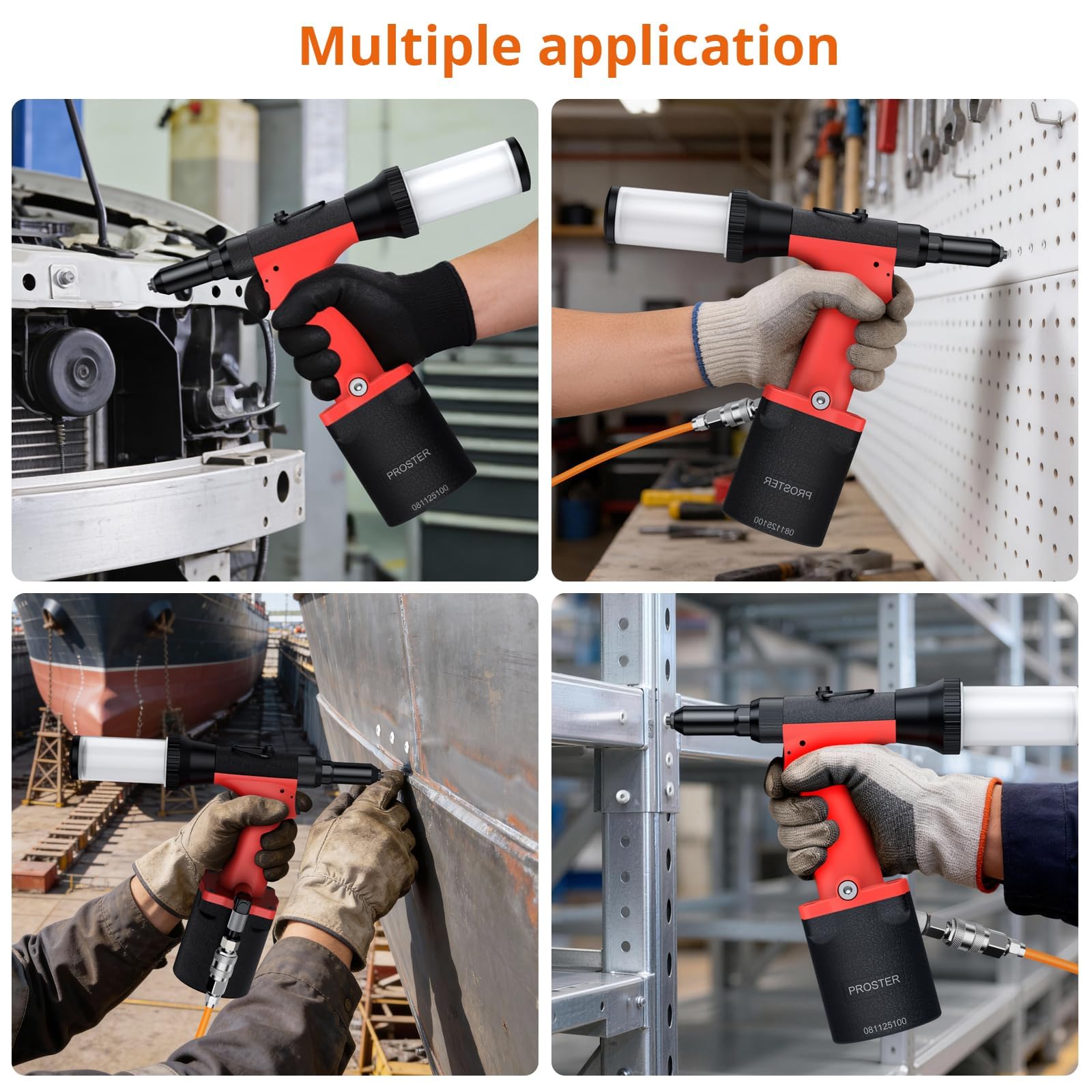 Proster Pneumatische Nietpistole Druckluft Blindnietgerät - Selbstansaugende Profi Nietpistole mit 1000KGF Zugkraft, 2.4–4.8mm Nietzange mit Auffangbehälter, 360° EU Anschluss für Werkstatt KFZ Boot