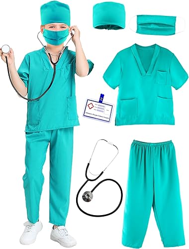 Puteraya Conjunto de disfraz de médico para niños, uniforme quirúrgico para niños y niñas, disfraz de Halloween, cosplay