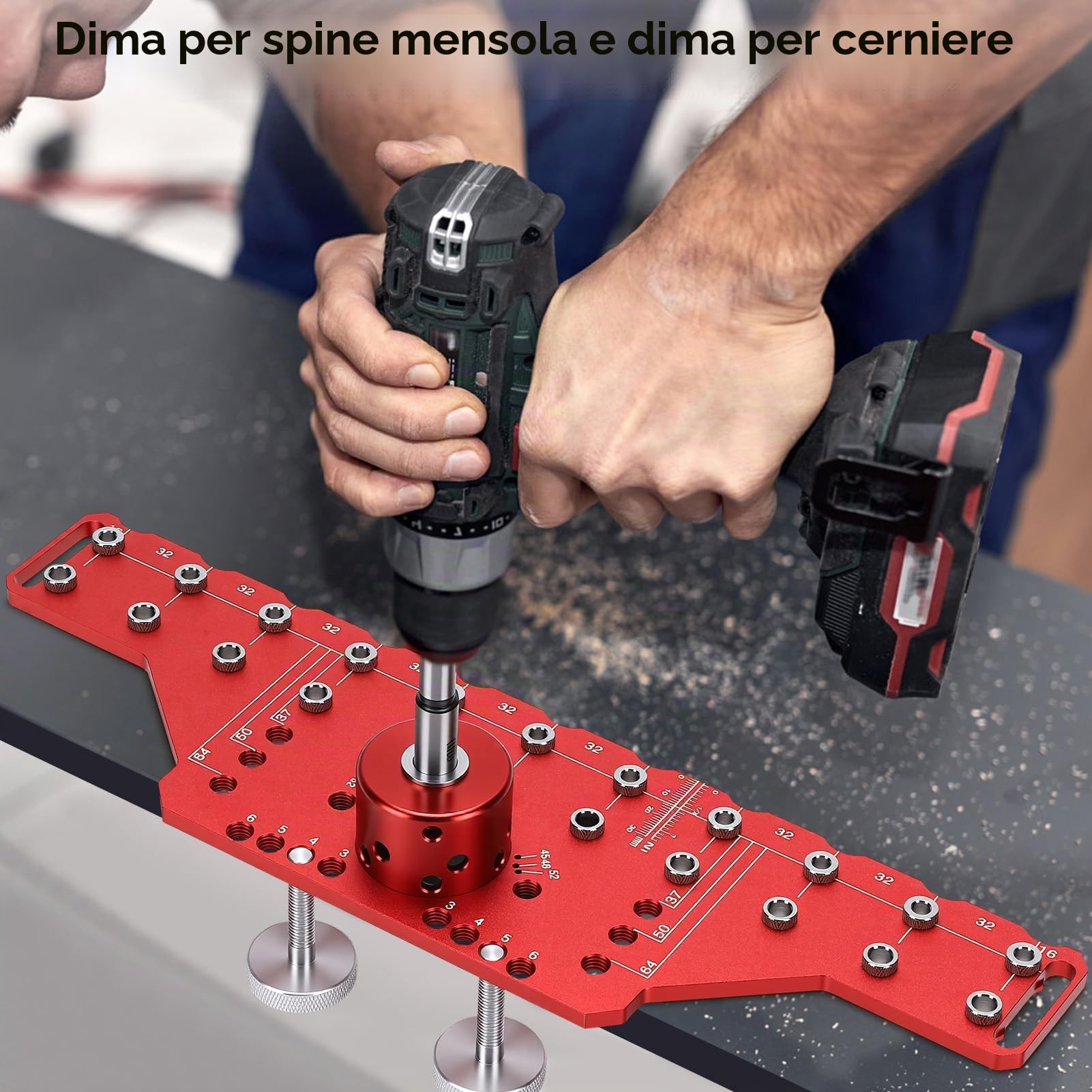 2 in 1 Dima di Foratura per Cerniera a Ante Cucina, Maschera di Foratura per Perno con Punta da Trapano da 1/4", 2 mm, 5 mm e 35 mm, per assemblaggio di armadi cassettiere a schedari (Lungo)