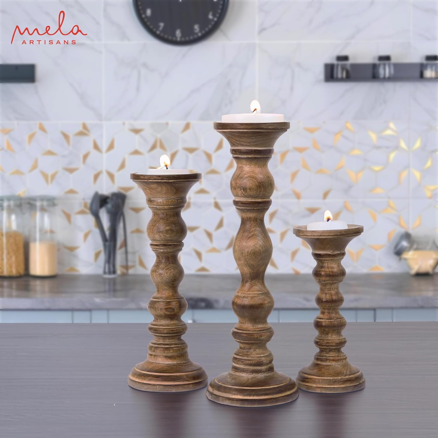 “Willow” Candle Holders for Pillar Candles (Medium Burnt, Set of 3) - Mangowood Candle Stand - Farmhouse Wooden Candle Holders Pillar - Candle Holder Decor for Table Centerpiece -9”, 12”, 15”