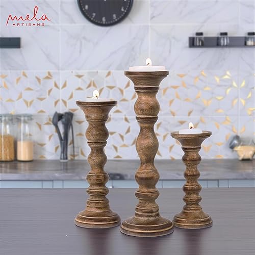 Miniatura 4 de Portavelas "Willow" para velas de pilar (quemado medio, juego de 3), soporte de vela de madera de mango, portavelas de madera de granja, decoración