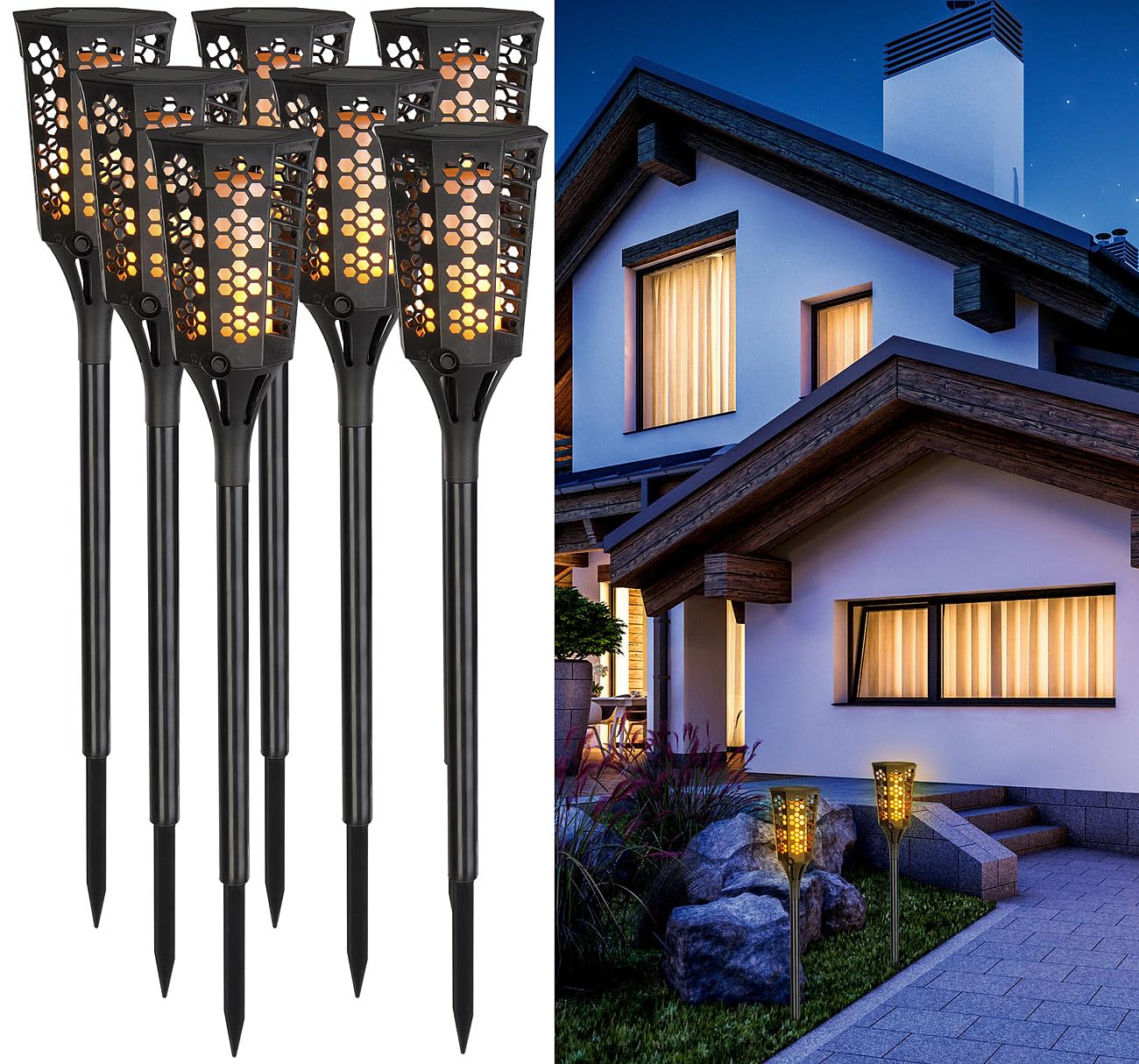 Lunartec Fackel Solarleuchten: 8er-Set LED-Solar-Gartenfackeln mit Flammen-Effekt und Akku, 78 cm (Solarlampen Garten Fackel, LED-Solarleuchte)
