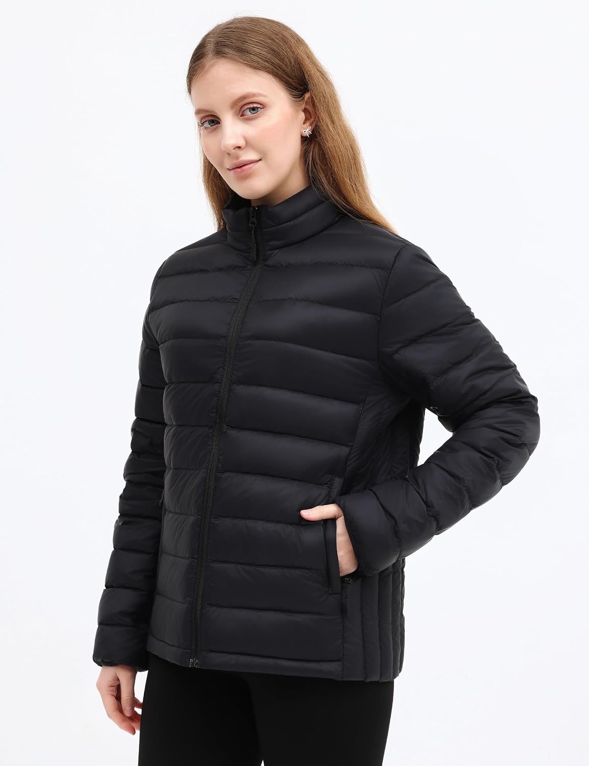 Packable Puffer Jacket Women Lightweight Stand-collar Full Zip Quilted Padded Water-Resistant Winter Fleece Coat