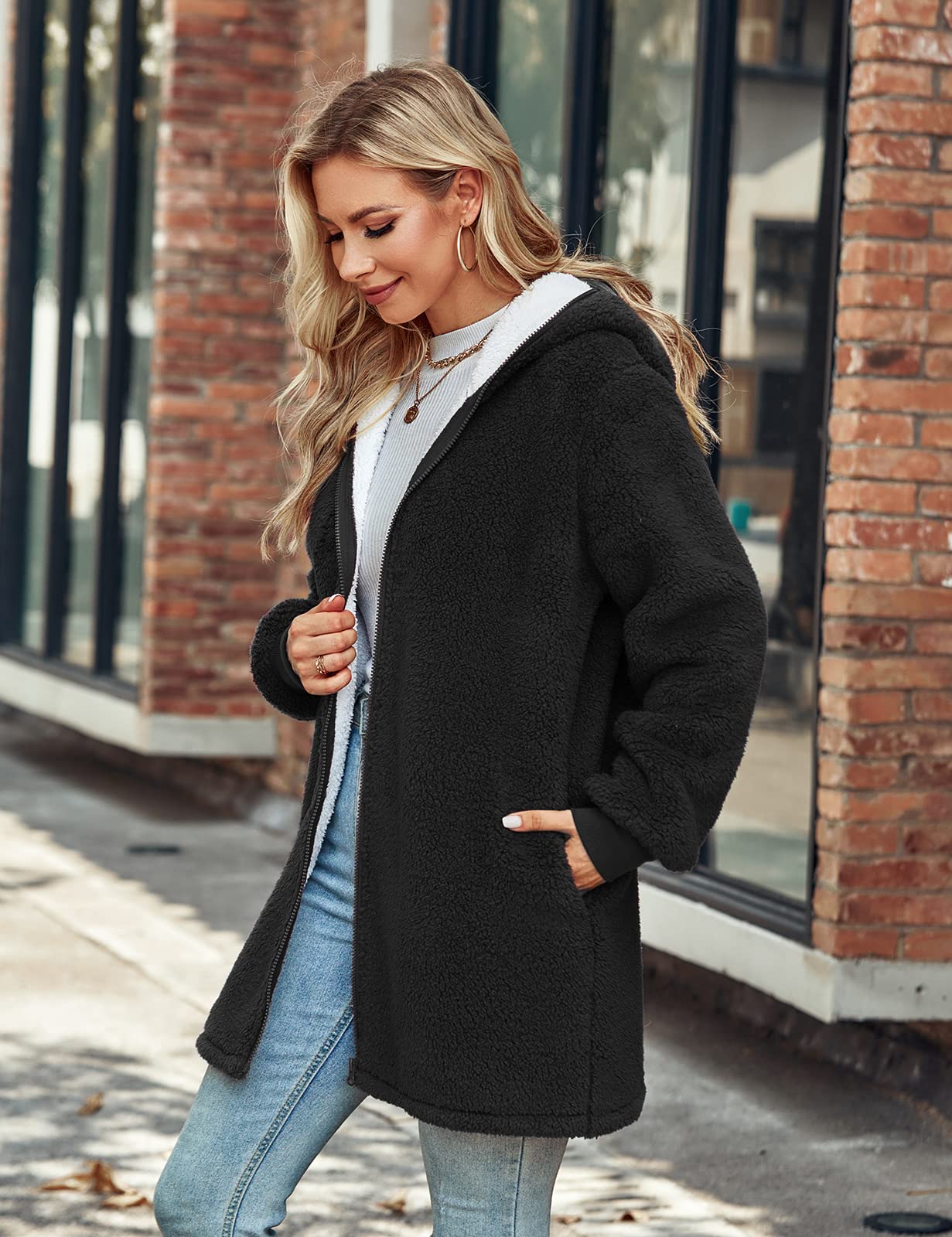 Xnova Veste Polaire Femme Sweat à Capuche Zippé Épais Hiver | Hoodie Manche Longue Manteau Chic Sweats Sherpa avec Poches Unie Lâche Pull Sweatshirts Manteaux Longueur Moyenne