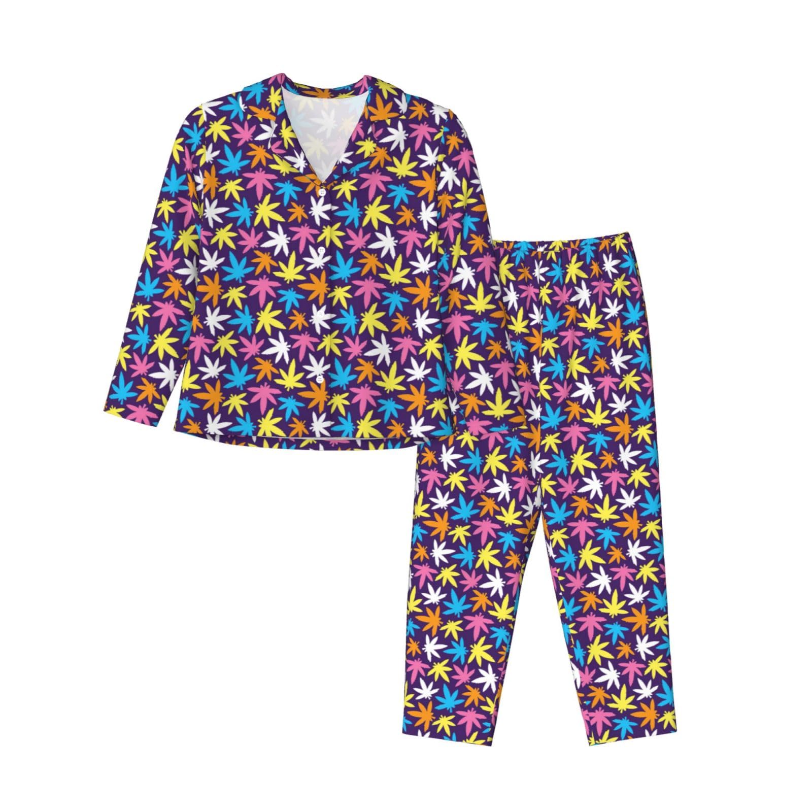 AYYQWE Bright Colorful Weed Pattern Print Women'S Long Sleeve Pajama Set Sleepwear Cozy Homewear Casual Two-Piece Nightwear Black