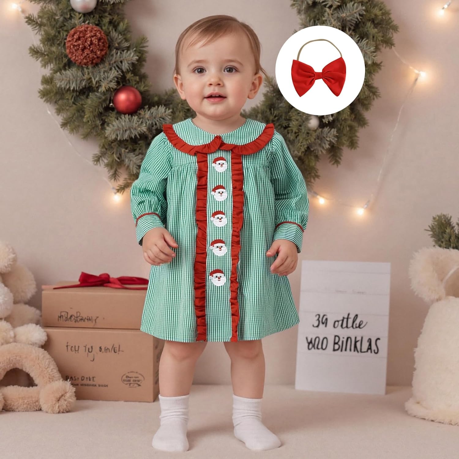 Toddler Baby Girls Christmas Dress Doll Collar Santa Claus Plaid Embroidery Long Sleeve Dress with Headband - Image 4