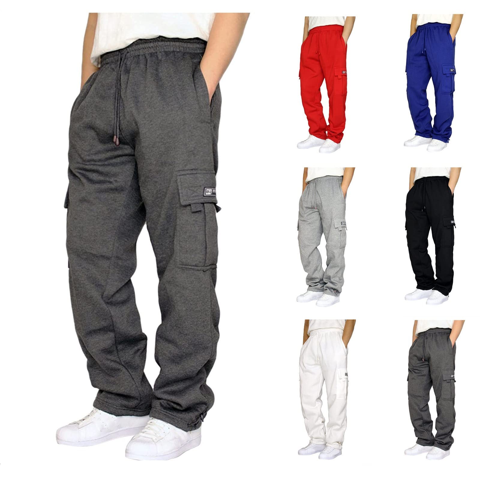 Men's Heavyweight Fleece Cargo Sweatpants Stretch Elastic Waist Baggy Joggers Drawstring Outdoor Trousers with Pockets