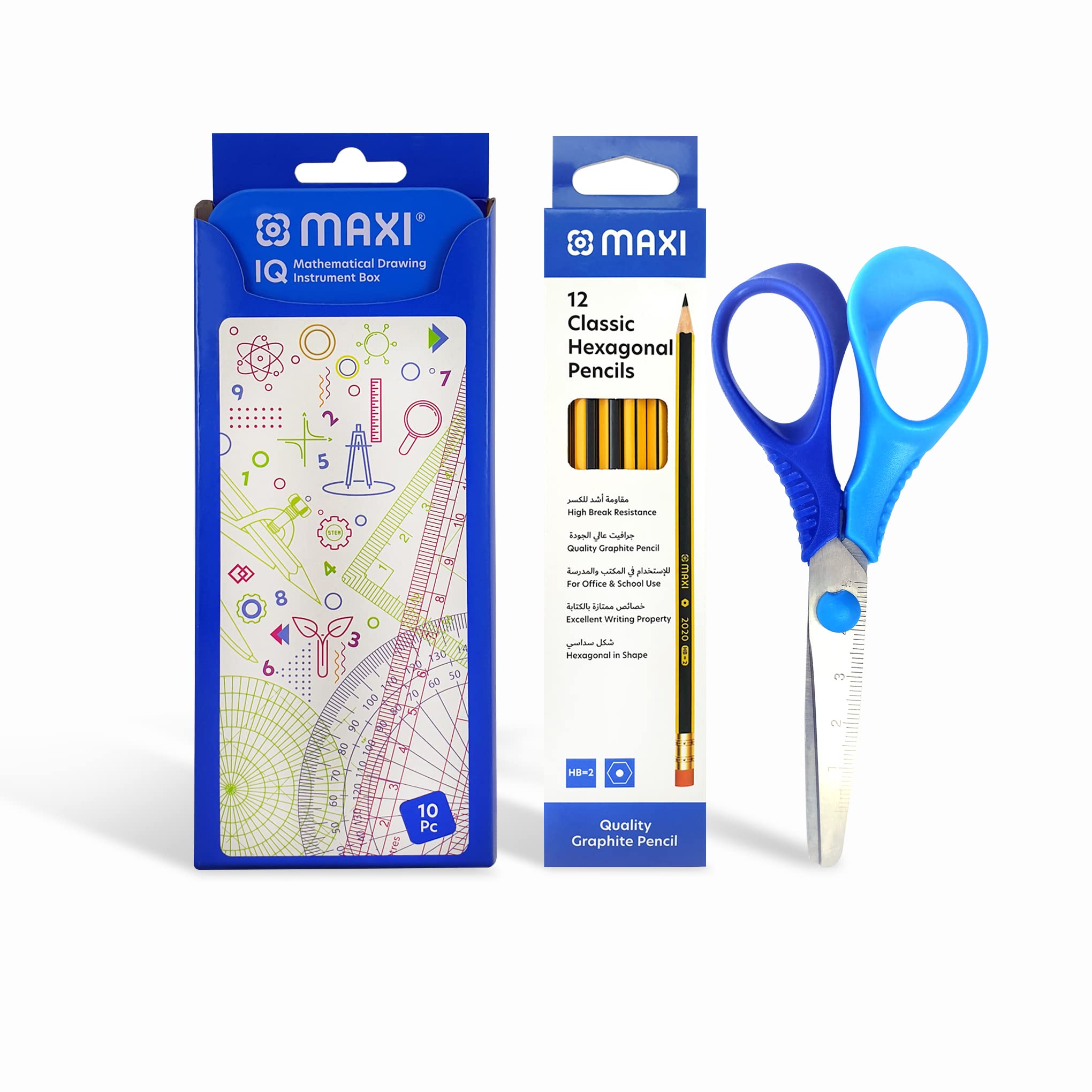 Maxi Geometry 10pcs set + Graphite Pencil HB 12pcsx1Box+Child Safe Scissors