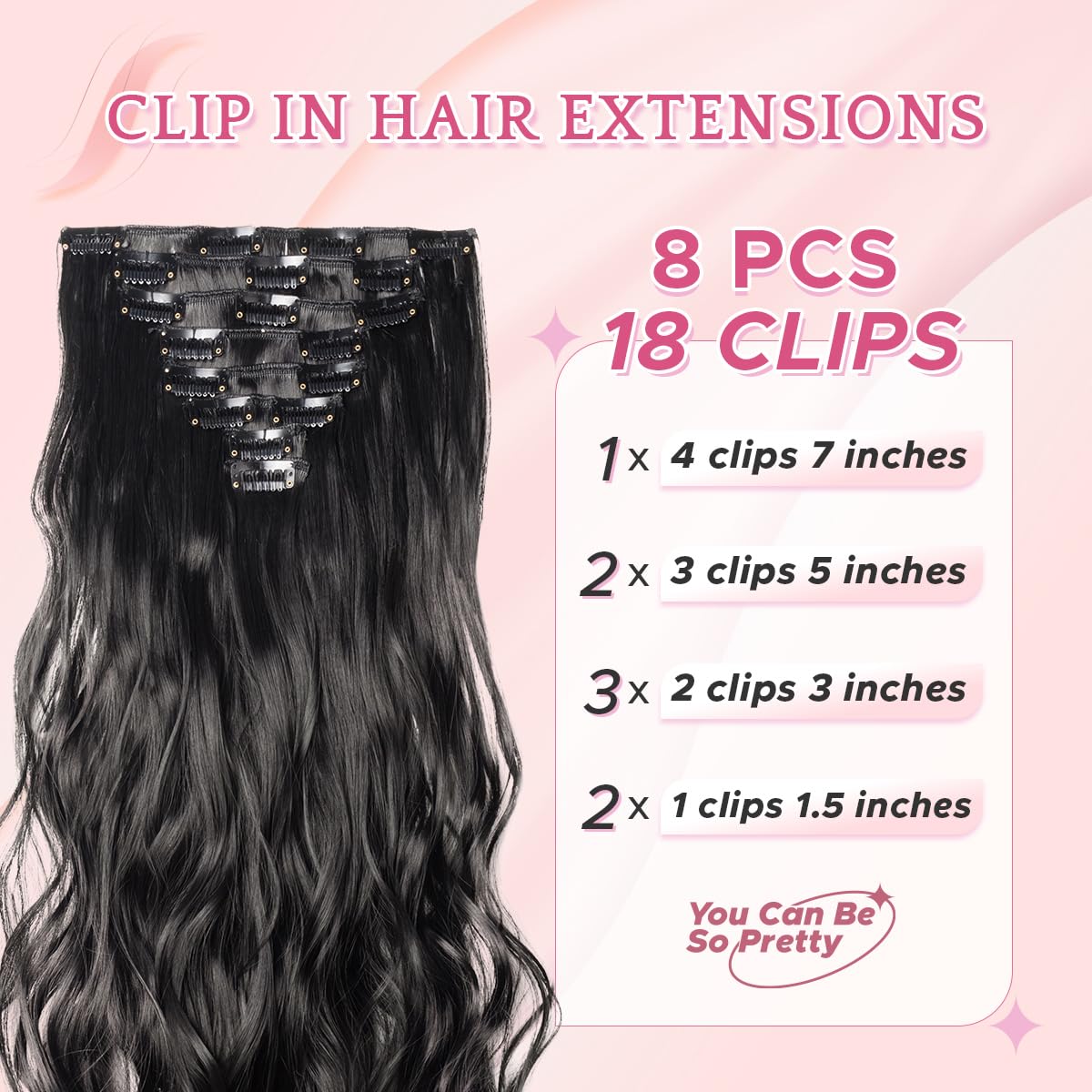 SEGO Pro Clip in Hair Extensions 8 Pcs 18 Clips Full Head Synthetic Fiber Hair Pieces for Women Curly 24 Inch (Dark Black) - Image 2