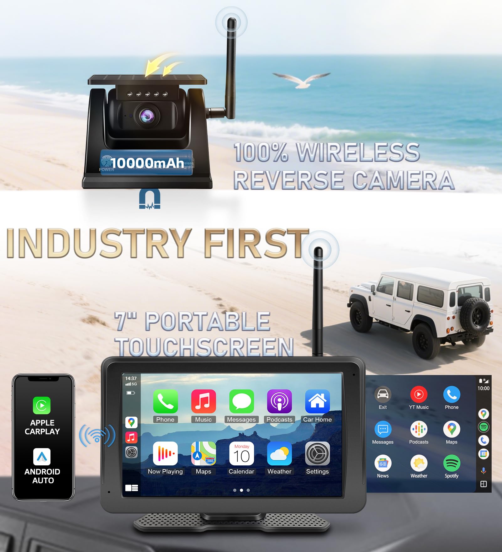 URVOLAX Camera de Recul sans Fil: Ecran Voiture Portable 7 Pouces Apple CarPlay/Android Auto - Batterie 10 000mAh avec Solaire - pour Camping Car Camion Remorque Caravane (69X Premier de l Industrie)
