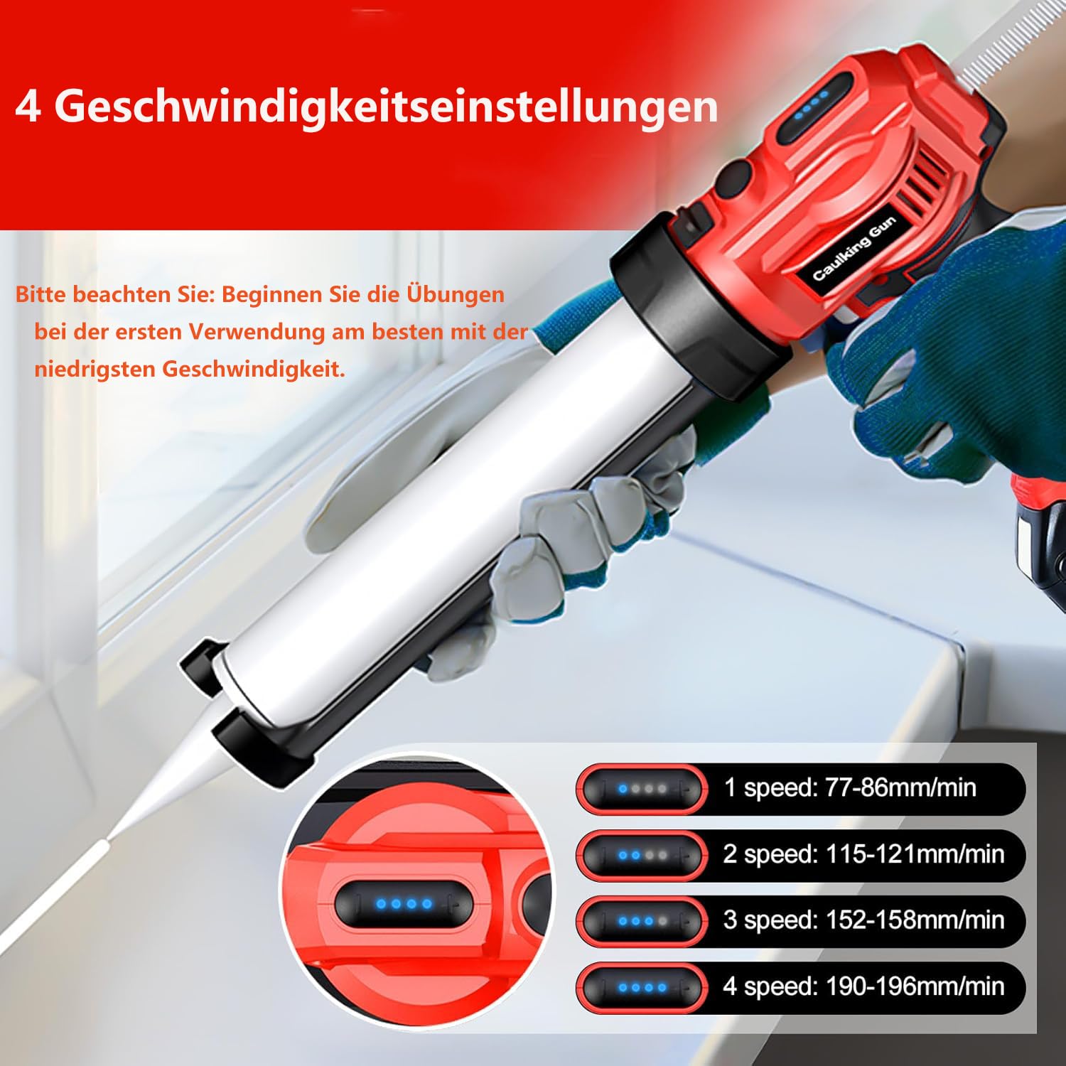 Pistolet à cartouche sans fil 18 V 4 vitesses réglables avec lumière LED, compatible Makita, rouge, 300 ml (sans piles)
