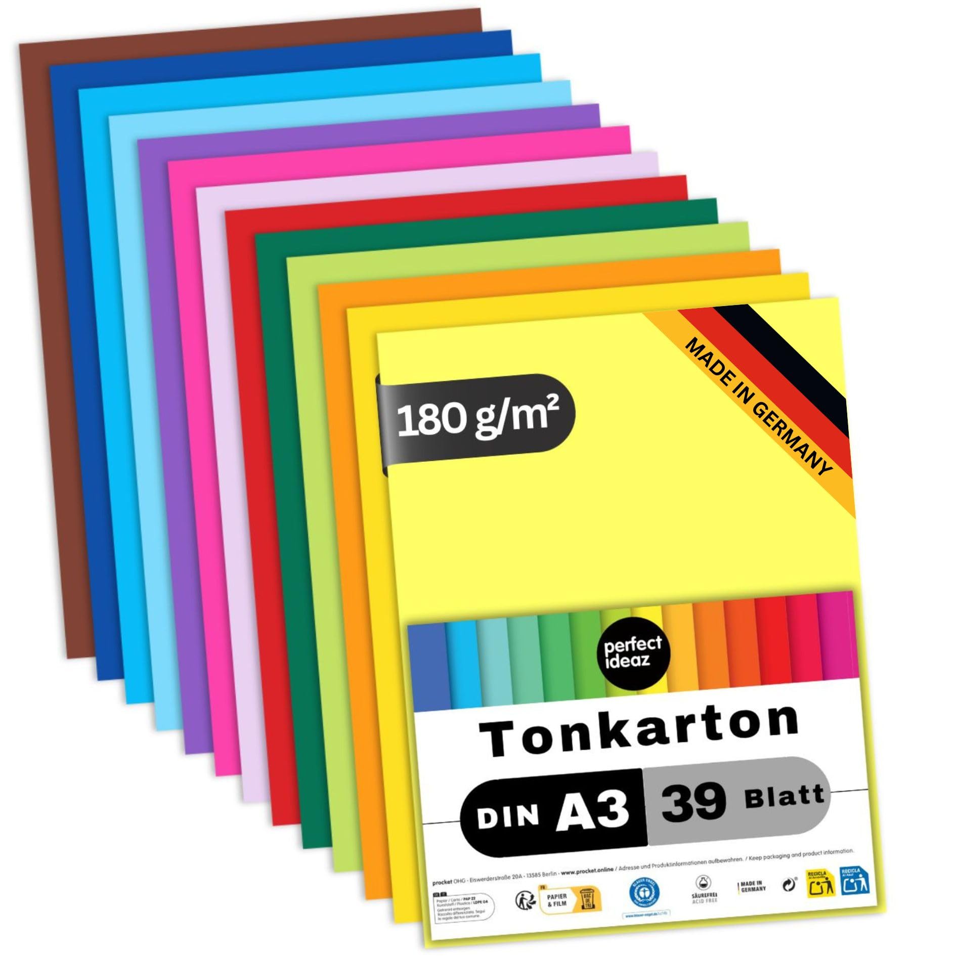 perfect ideaz – 39 arkuszy kartonu kolorowego DIN-A3, 13 kolorów, 180 g/m², wyprodukowano w Niemczech, certyfikat Blauer Engel