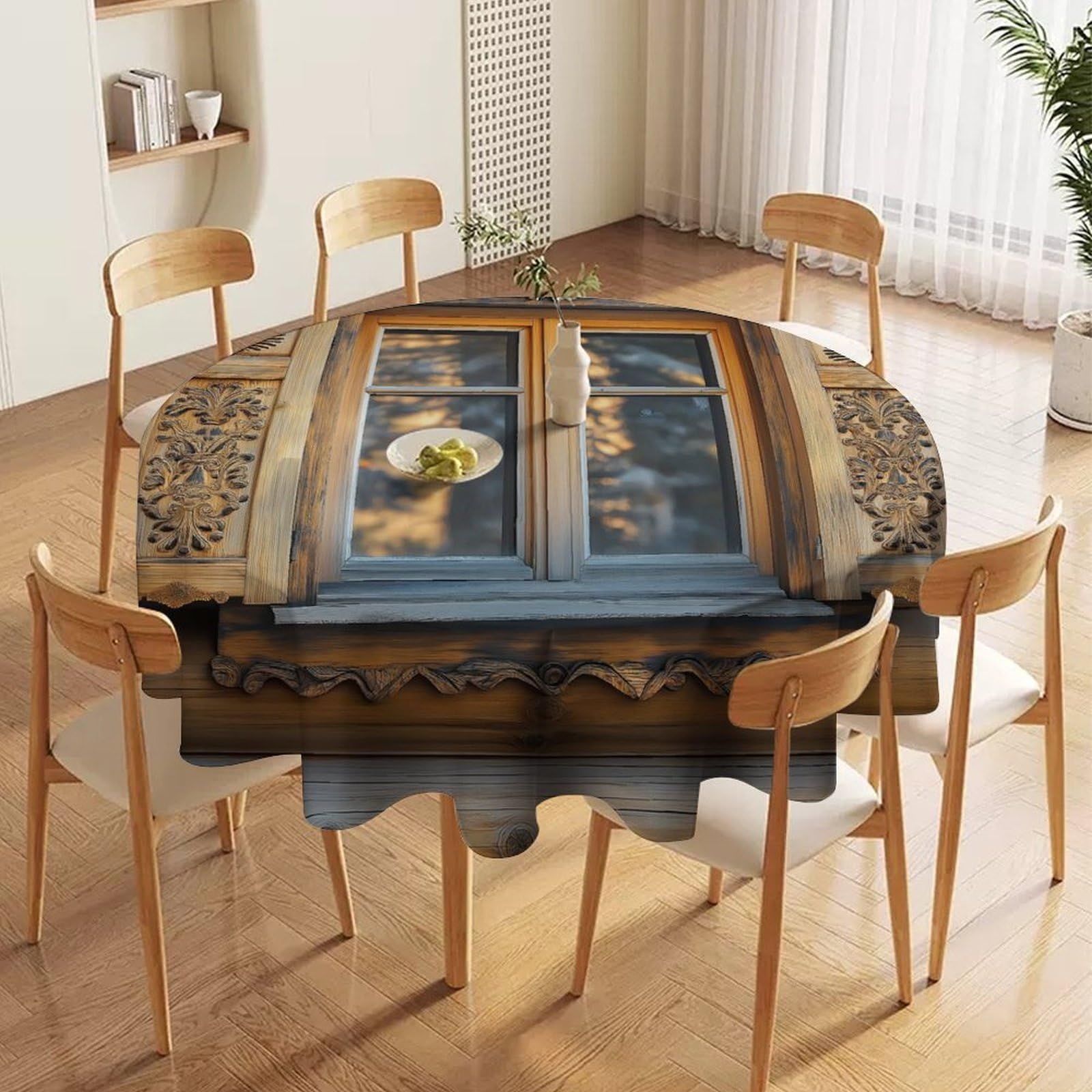 ORDOBO 3D Printed Tablecloth - Window View Fashion Table Protect Cover Waterproof Wipeable For Kitchen Dinner Garden Dining Home Decoration 127X127Cm