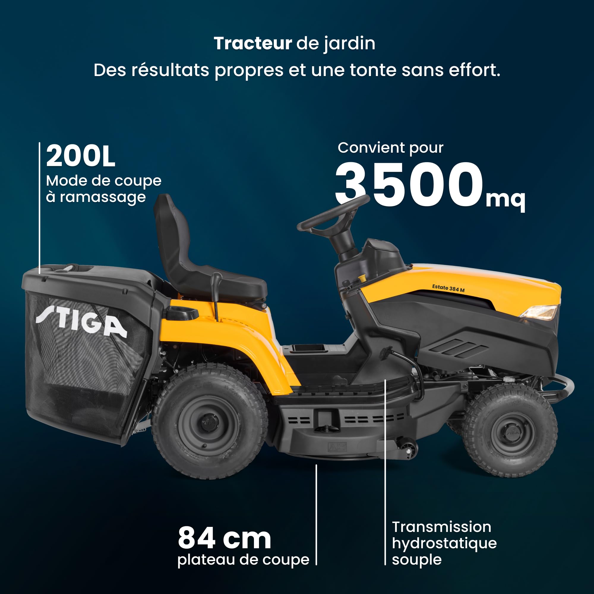 STIGA Estate 384 M a Benzin-Rasentraktor, 352 cc, 84 cm – 200 l Fangkorb, Multiclip Mulchen – Rasenflächen bis 3.000 m²