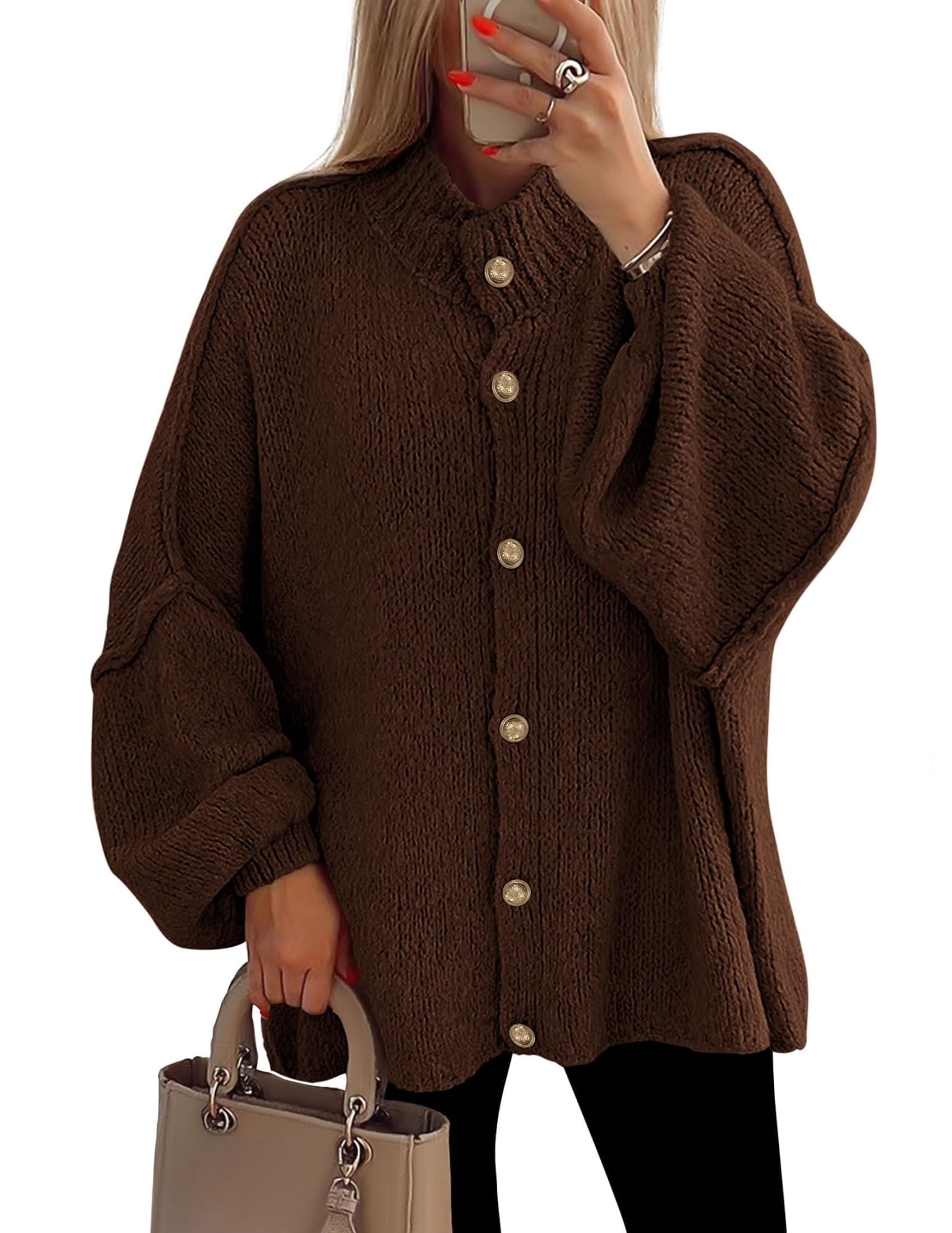 Women's Winter Button Down Cardigan Sweaters Mock Neck Lantern Long Sleeve Chunky Knit Jacket Trendy Outerwear(Brown,S)