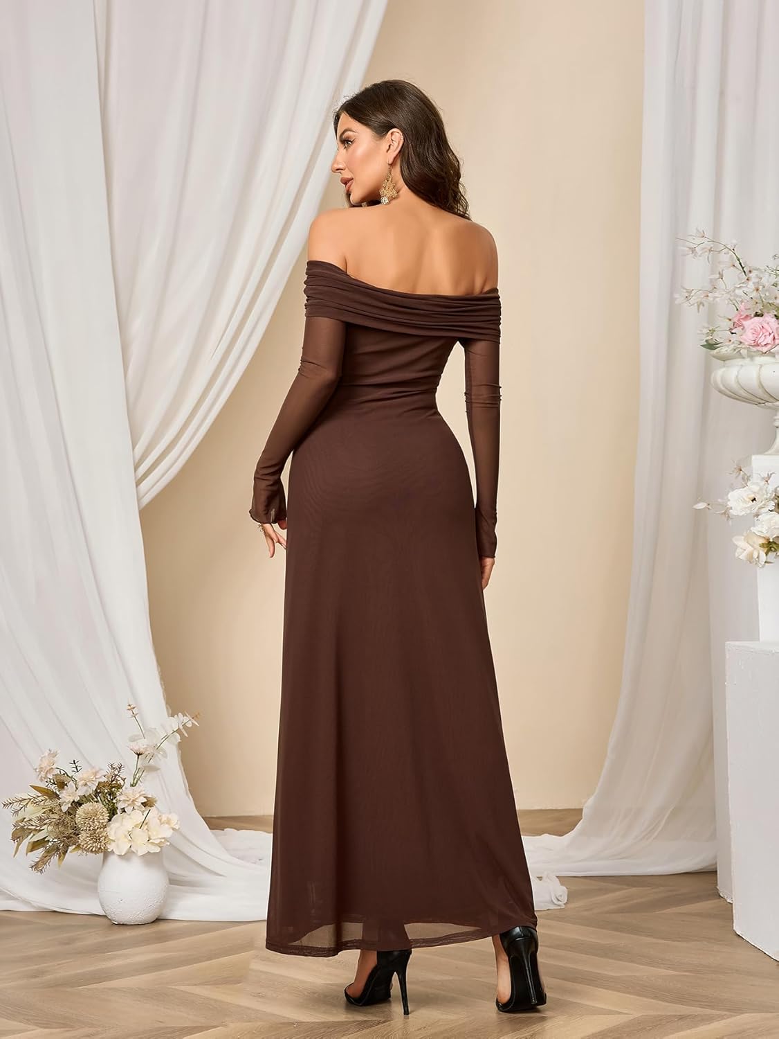 Colysmo Women Long Sleeve Mesh Off Shoulder Bodycon Maxi Dress Formal Wedding Guest Fall Dresses for Women 2025 - Image 2