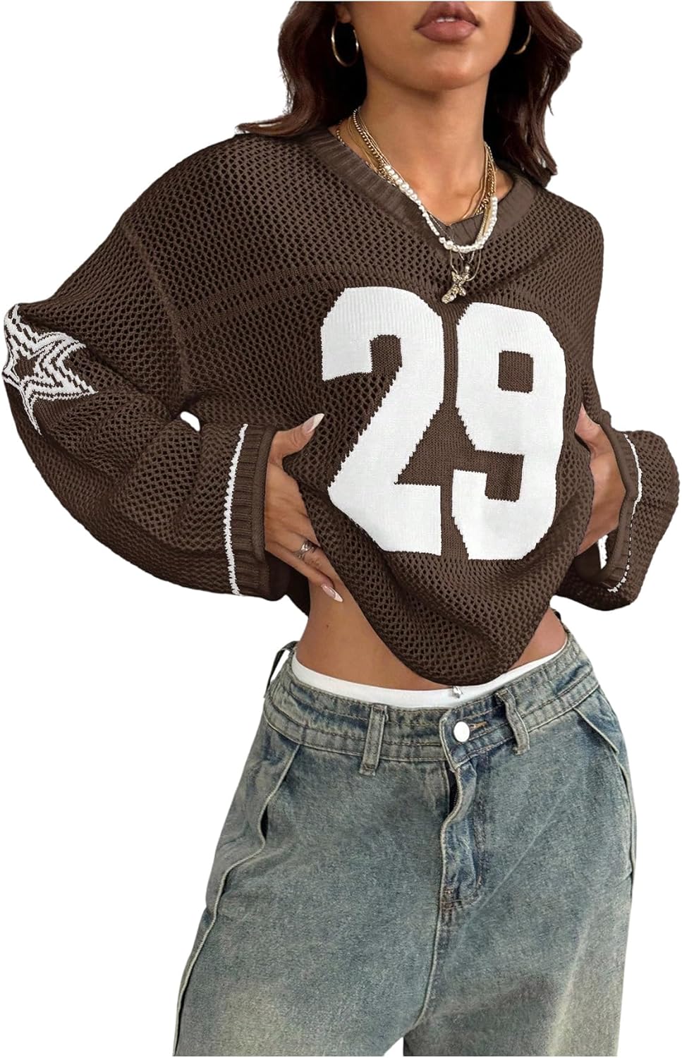 Verdusa Women's Y2k Tops Jersey Shirts Oversized Crochet Graphic Going Out Tops V Neck Pullover Sweater Streetwear Brown Medium