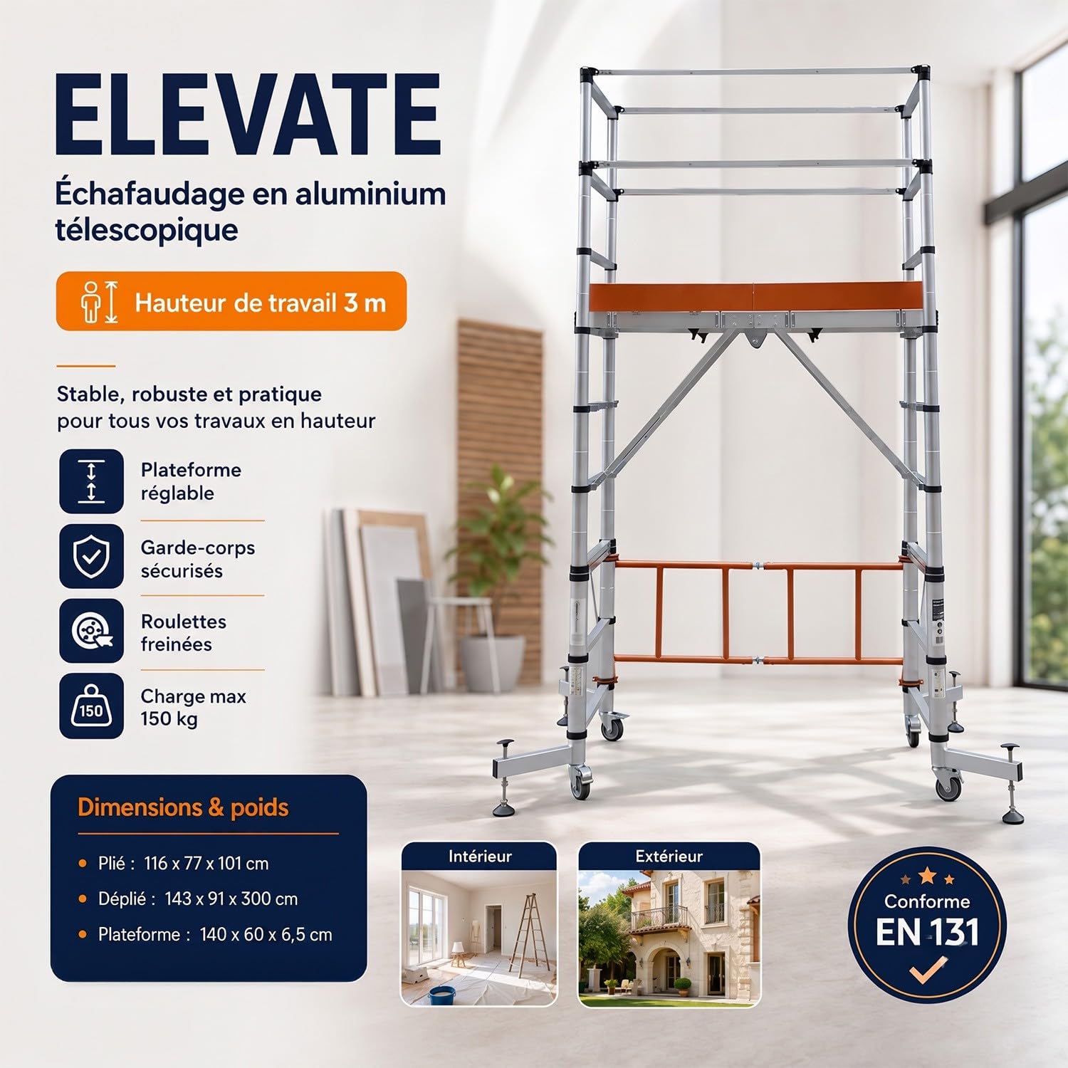 Elevate Echafaudage en Aluminium Hauteur de Travail 3 m 10 marches